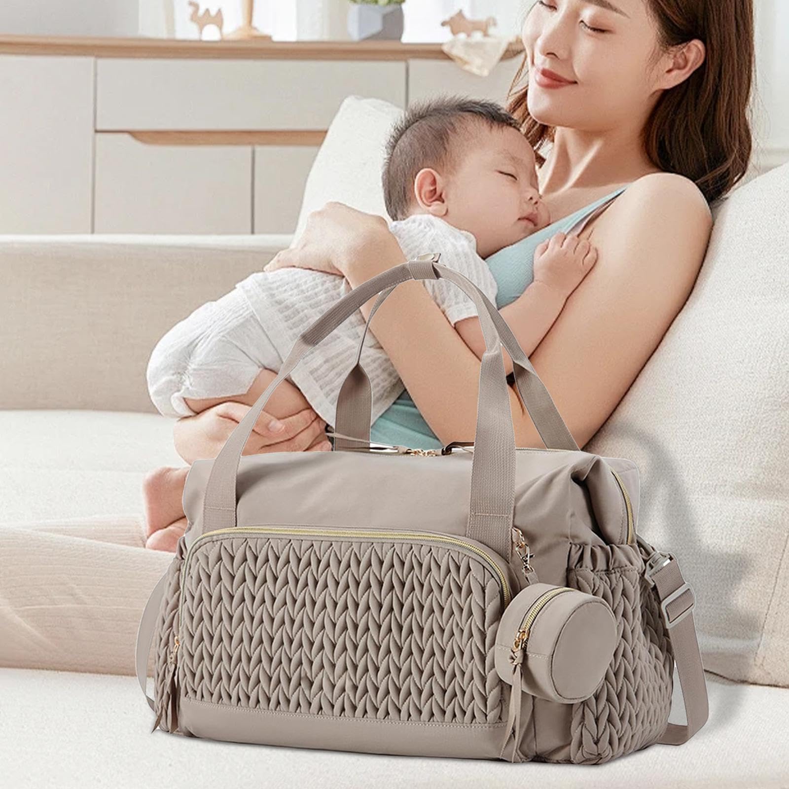 Sac à Langer Tote Organisateur Compartiments Multiples Bébé Nylon Pochette Sucette Amovible Bandoulière Réglable pour Femmes Transport Travail, Brun
