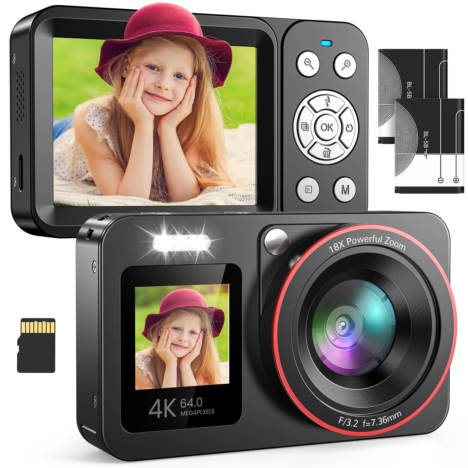 Cámara de Fotos Cámara Digital 4K 64MP FHD, Cámara Digital con Tarjeta de 64GB, Cámara Compacta Zoom 18X y 2 Baterías, Recargable Compacta Portátil Cámara para Niños Principiantes, Negro