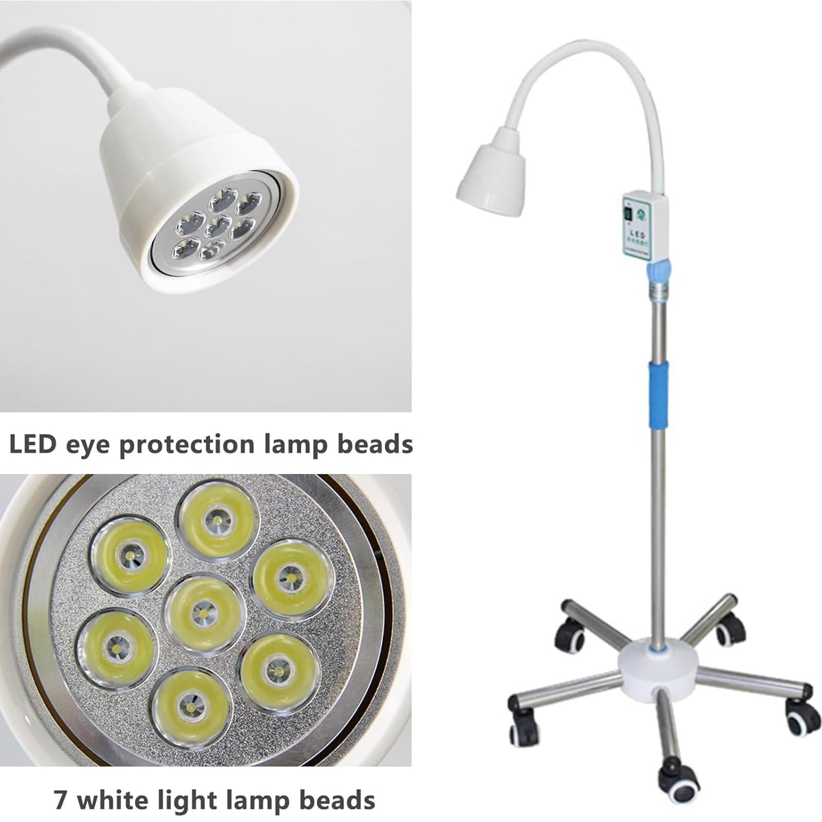 Lampa do Badań Lekarskich, Lampa Podłogowa do Badań Ginekologicznych, Lampa Chirurgiczna LED z Regulacją Wysokości i Kąta, Dla Ambulatoriów, Stomatologii, Laryngologów