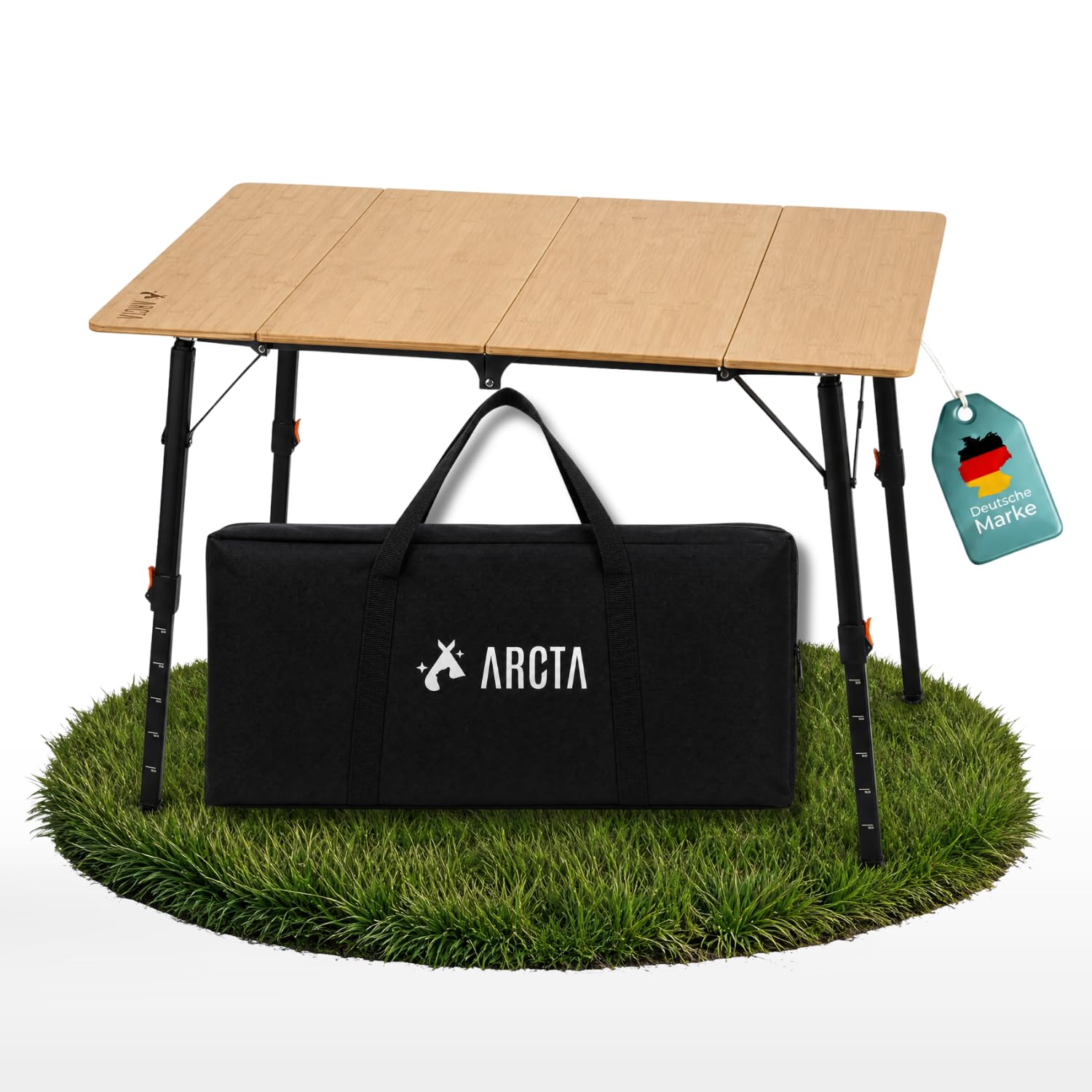 ARCTA® Campingtisch Faltbar Bambus 100x70cm – Höhenverstellbar 42-70cm – Klapptisch Outdoor bis 80kg – Picknicktisch für Camping, Garten & Balkon – inkl. Tragetasche – 8,5kg