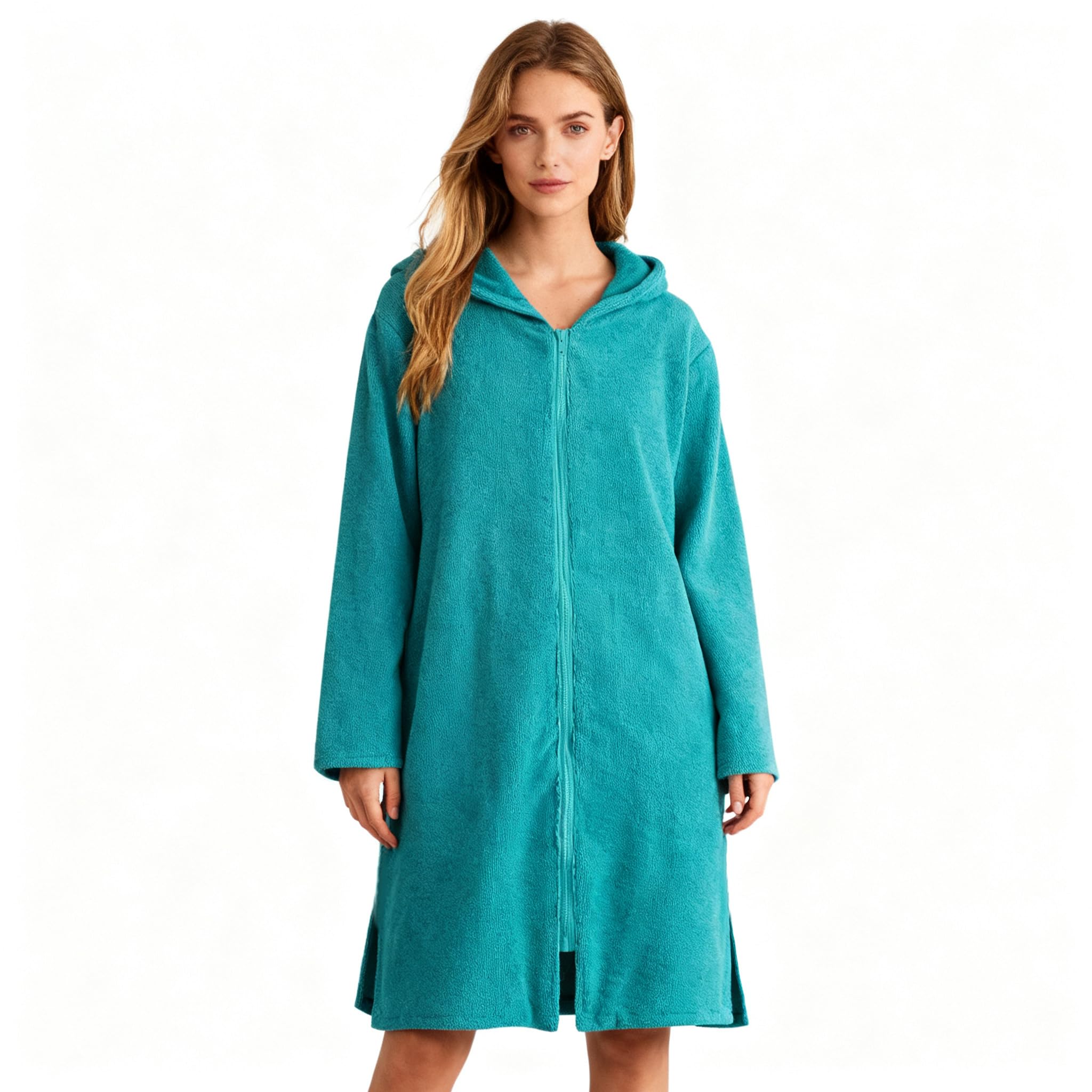 Photo 1 of Weecreeture Hooded Towel Poncho with Zipper and Pocket, Surf Poncho for Men and Women, Beach Bath Changing Robe Cover Up Deep Lagoon L