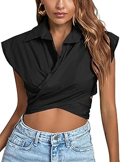 LYANER Women's Collar V Neck Wrap Front Cross Tie Back Cap Sleeve Crop Top Blouse