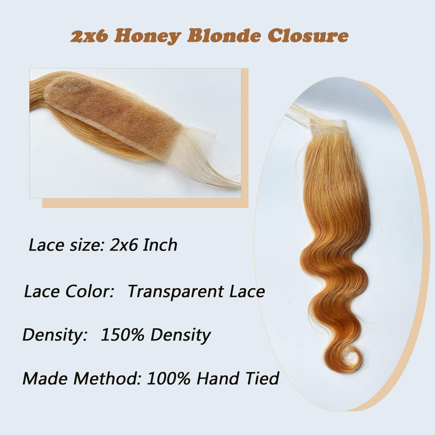 2x6 Honey Blonde Closure HD Transparent 100% Brazilian Human Hair Body Wave 150% Density Deep Parting KIM K Color 27 Closure Middle Part Pre-Plucked 16 Inch