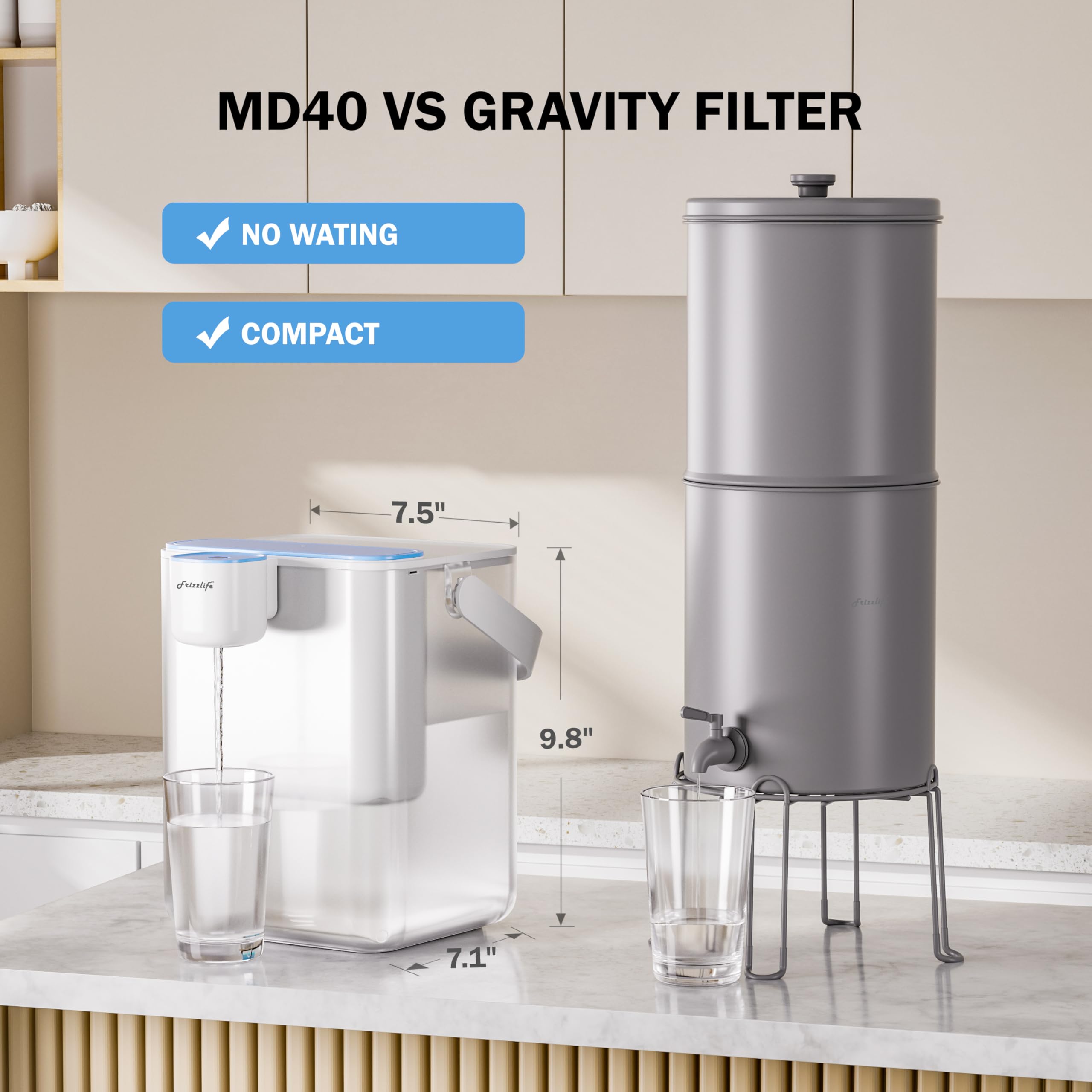 Frizzlife Sofortiger Elektrischer Wasserfilterkrug inkl. 2 Filter (je 6 Monate), 4L Wasserfilterkannen, Reduziert Chlor, Blei, Quecksilber, PFAS,PFOA/PFOS, 1514 Liter, Tragbarer Wasserfilter, MD40