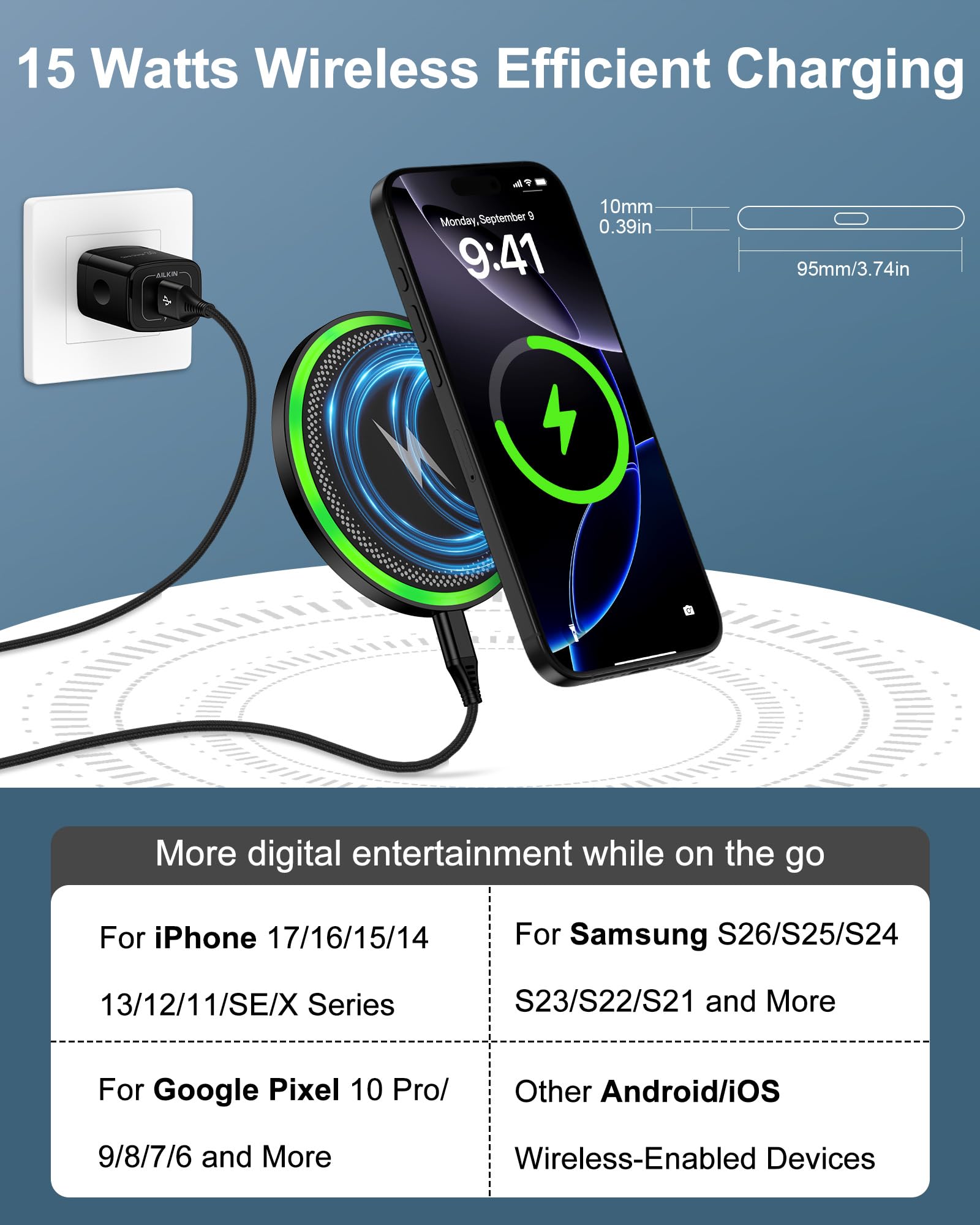 Wireless Charger Samsung S26, 15W Android Wire Less Charging Pad for Galaxy S25 Ultra S25+ S24, Fast Charging Station with Block for Google Pixel 10 Pro XL/9a Android iPhone 17 16 Cargador inalámbrico
