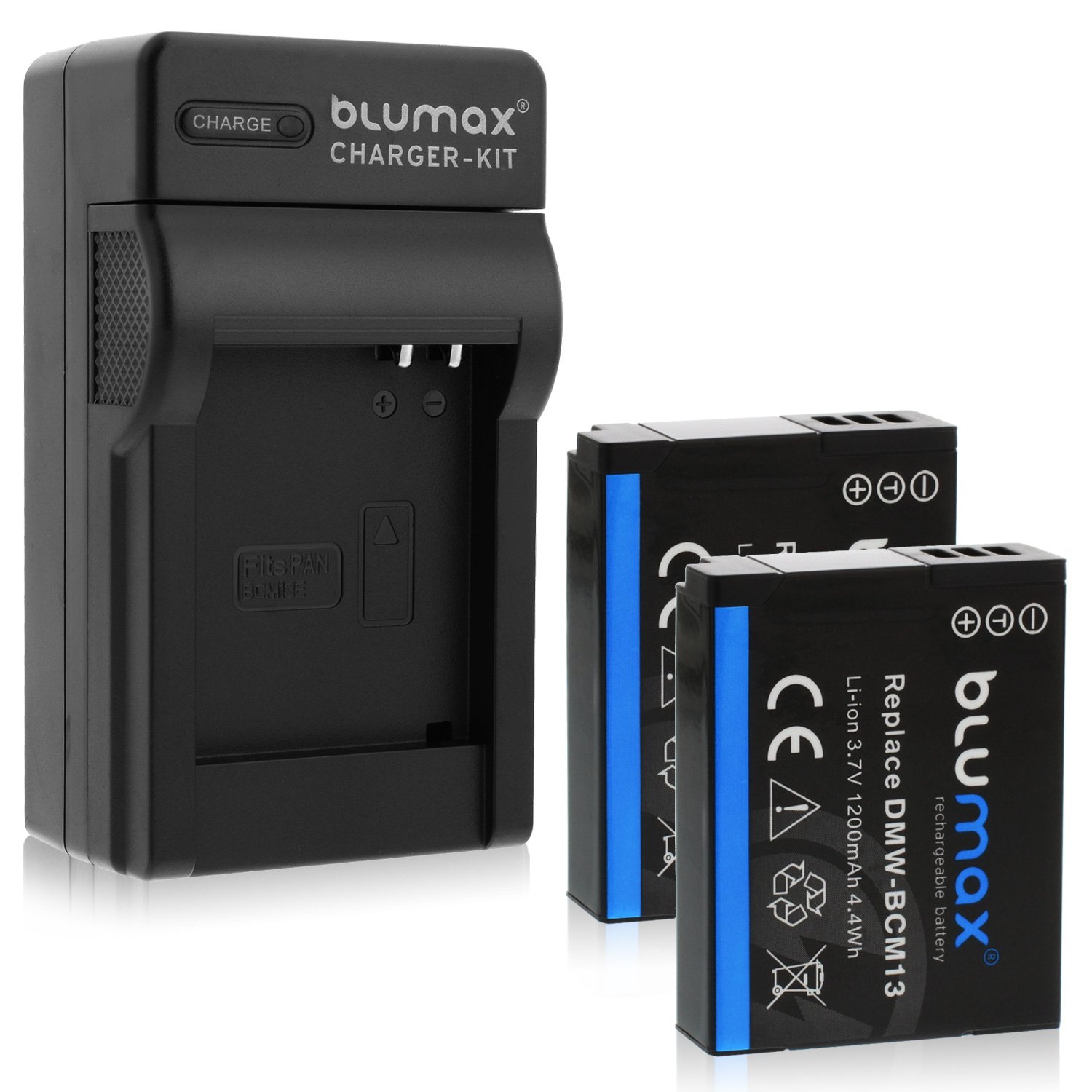 Batterie di ricambio Blumax 2 compatibili con Panasonic DMW-BCM13 / DMW-BCM13-E 1200 mAh + caricabatterie per DMW-BCM13 / DMW-BCM13-E | adatte per Lumix serie DMC TZ40-TZ41-TZ55-TZ56-TZ58-TZ60-