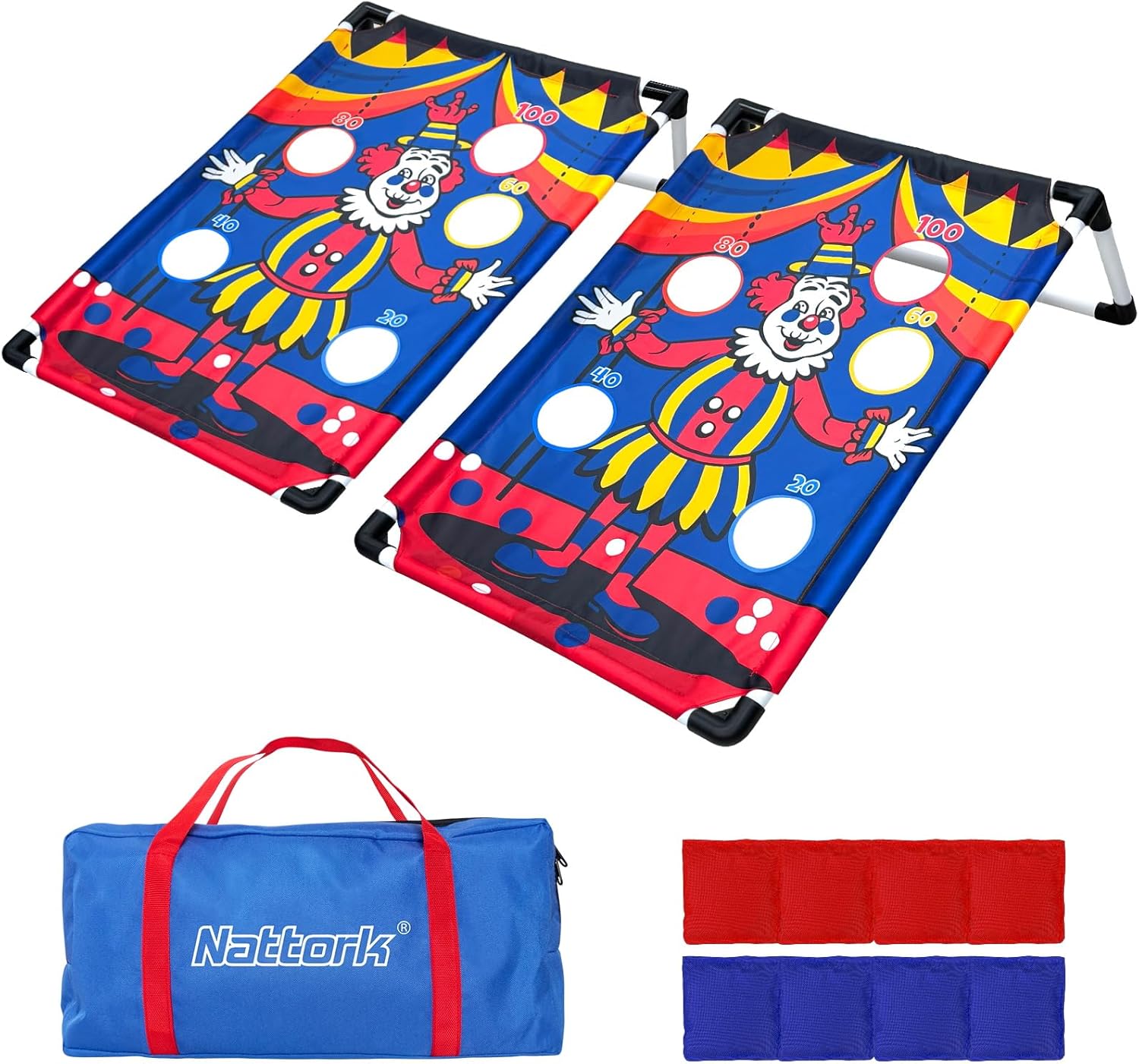 Portable Cornhole Set PVC Framed Corn Holes Outdoor Game Set with 2 Cornhole Boards, 8 Cornhole Bean Bags and Carrying Case, Camping Games Indoor Outdoor for Kids and Adults, Travel Camping Accessory 3'x2' Clown