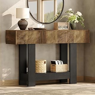 47inch Entryway Table, Farmhouse Console Table with Storage, Fluted Entry Way Tables with Open Shelving and 3 Drawers for Living Room, Behind Couch, Hallway, Dark Brown and Black