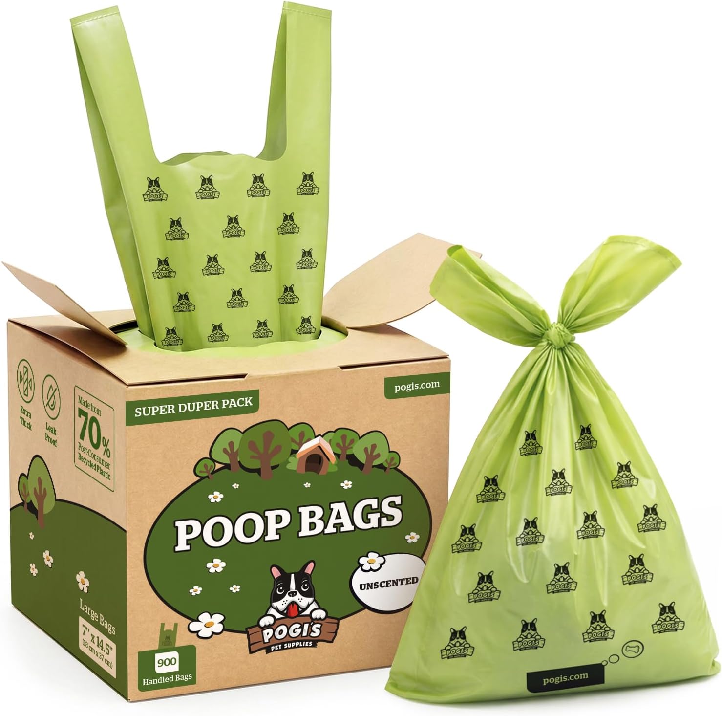 Pogi’s Dog Poop Bags with Handles – Extra-Thick, Leak-Proof, Large, Unscented, 900-Count