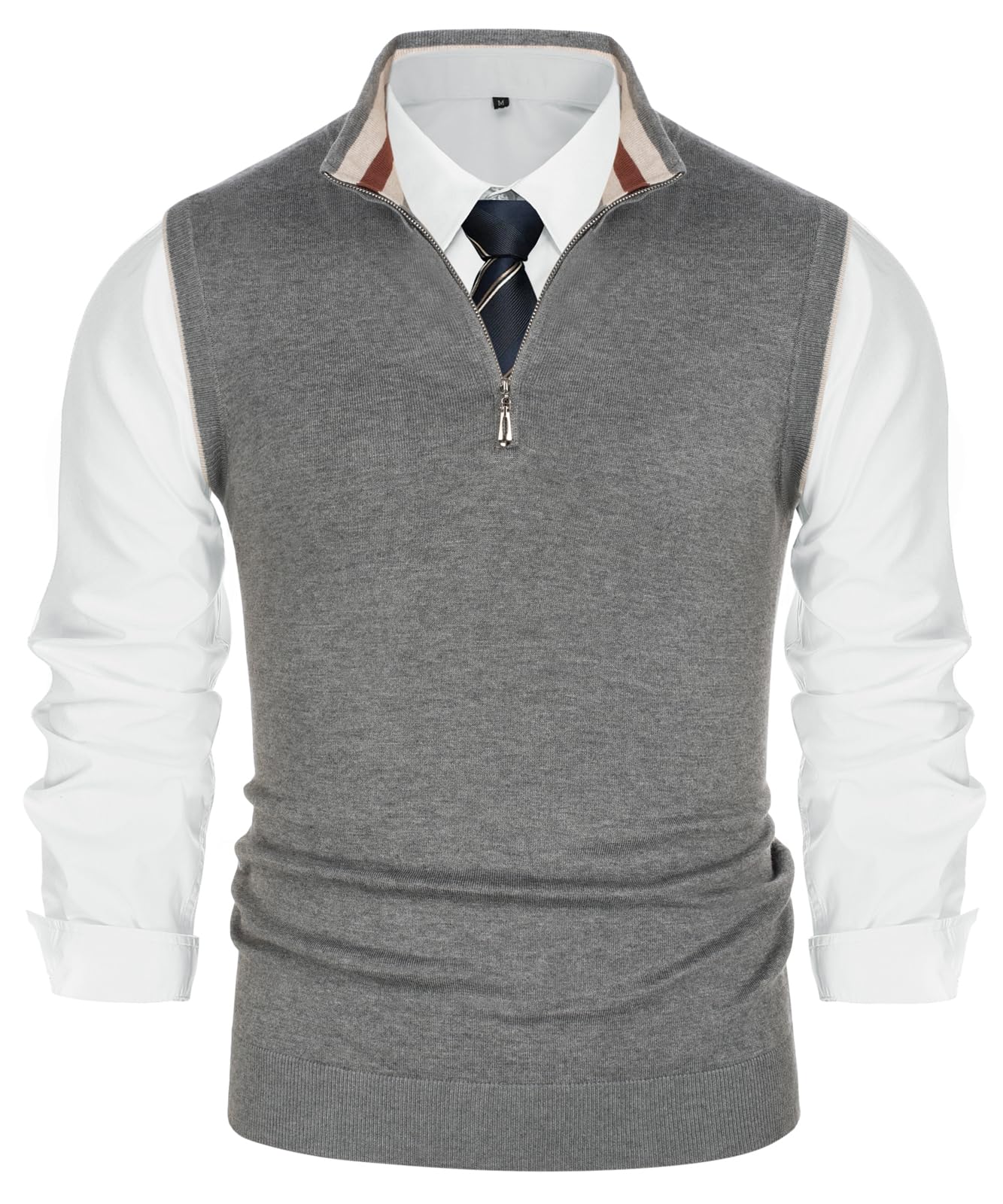 Mens Sweater Vest Quarter Zip Vest Sweater Stand Collar Contrast Stripes Pullover Knitwear Vest-image-11