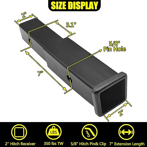 Miniatura 2 de Extensión de enganche de remolque, extensor de tubo receptor de 2 pulgadas, longitud de extensión de 7 pulgadas, con pasador de enganche de 58