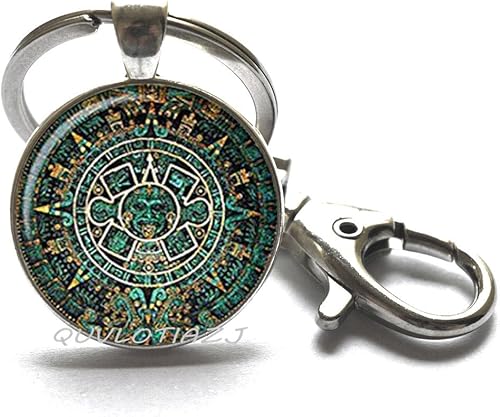 Llavero de moda con calendario azteca, llavero de cabujón de cristal solar, joyería del calendario maya, llavero de calendario azteca, llavero maya,