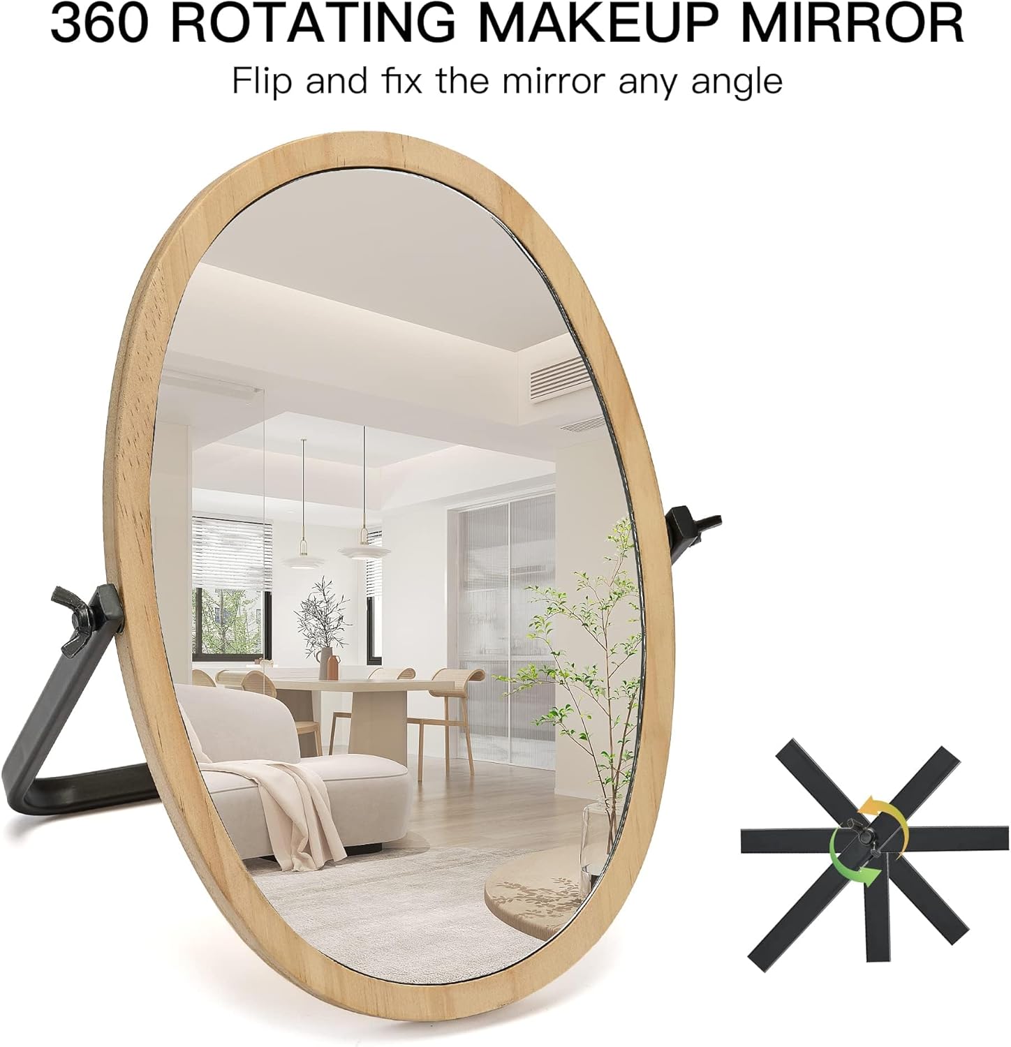 Vanity Makeup Table Mirror - Desk Mirrors 360 Adjustable Rotation,Wood Framed Small Standing Mirror for Bedroom,Tabletop,Office,Antique,Dresser,Countertop 11.8'' x 7.8''
