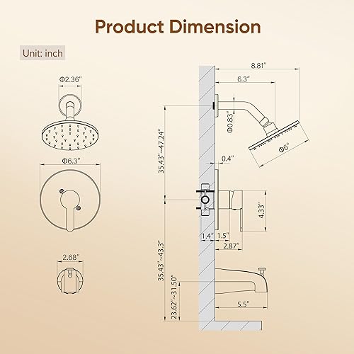 Miniatura 9 de Grifo de ducha de bañera, juego de grifo de ducha dorado cepillado con cabezal de ducha de lluvia de metal de 6 pulgadas y boquilla de bañera, kit