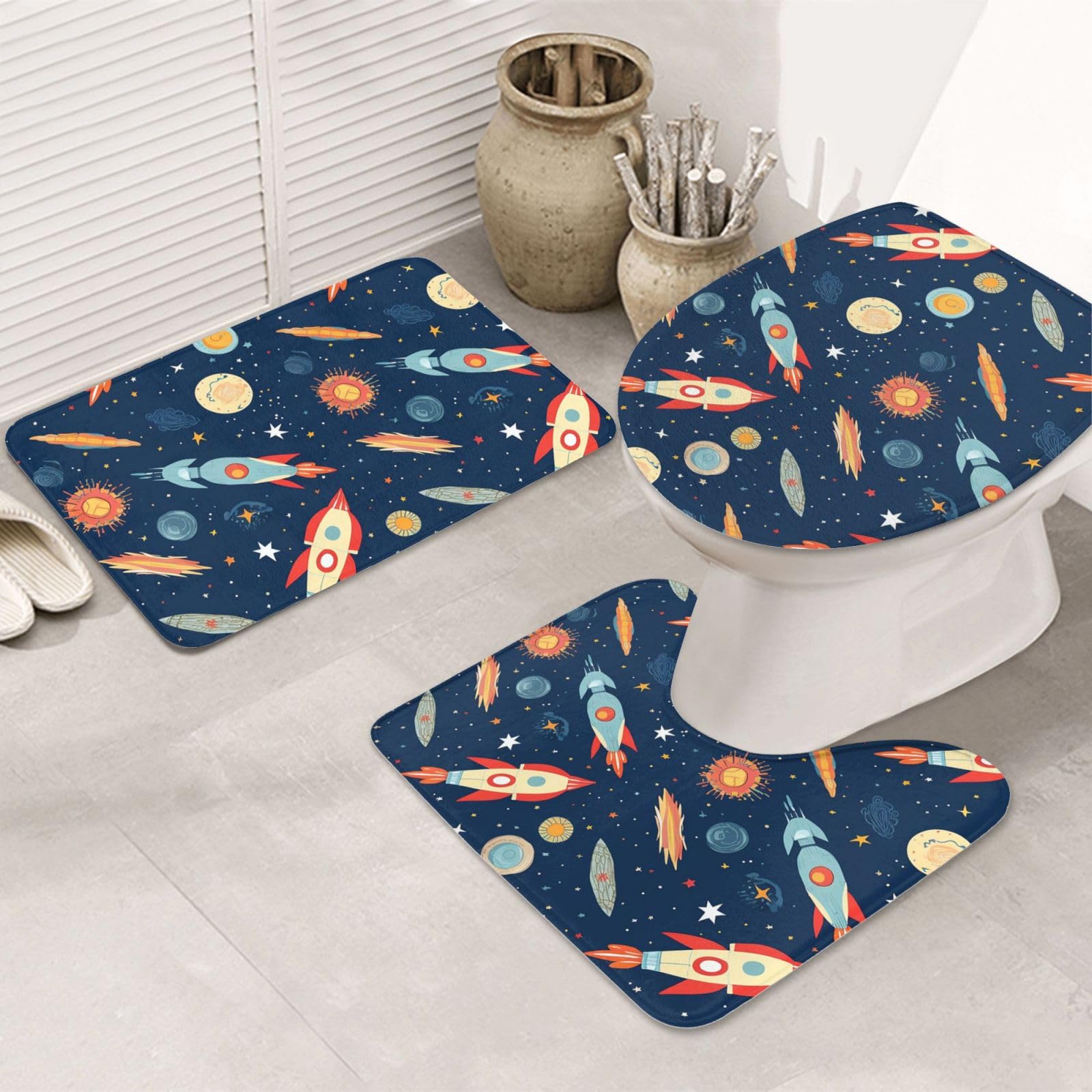 Tapis de bain antidérapant en forme de U avec housse WC fusée espace