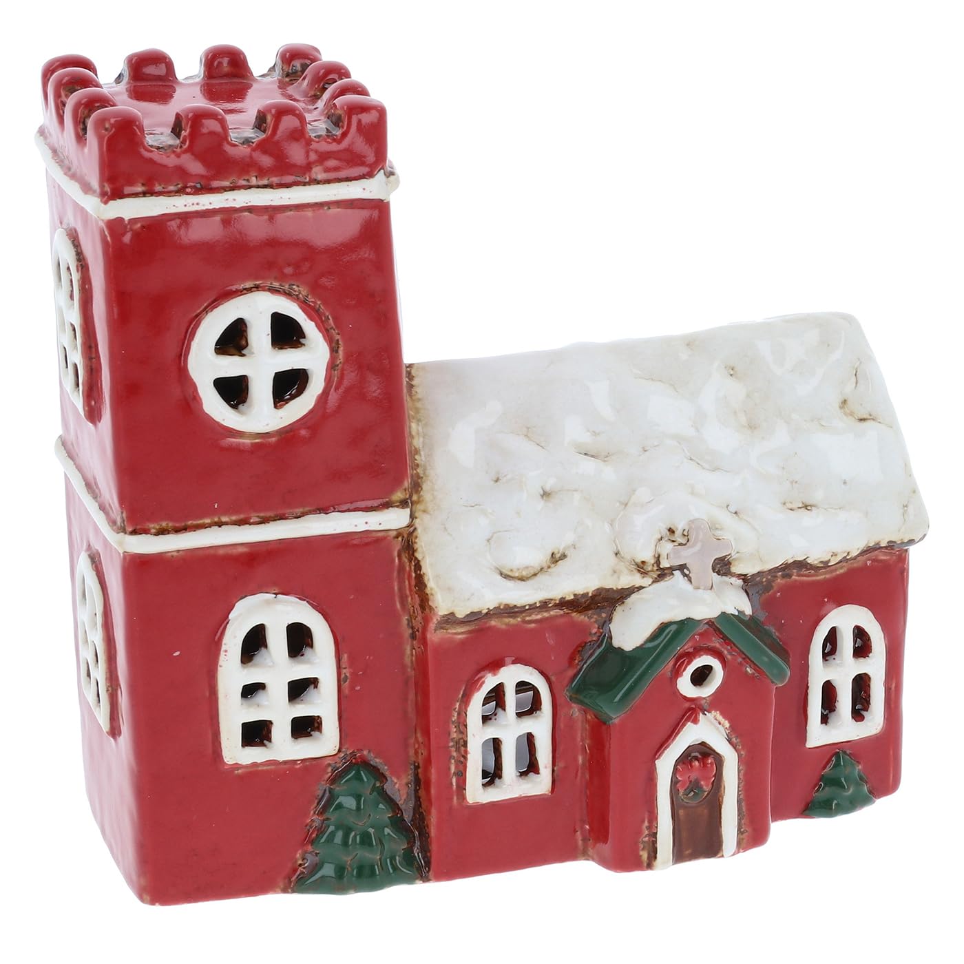 Shudehill Giftware Red Village Pottery Christmas Norman Church Tealight Holder - Xmas Decoration