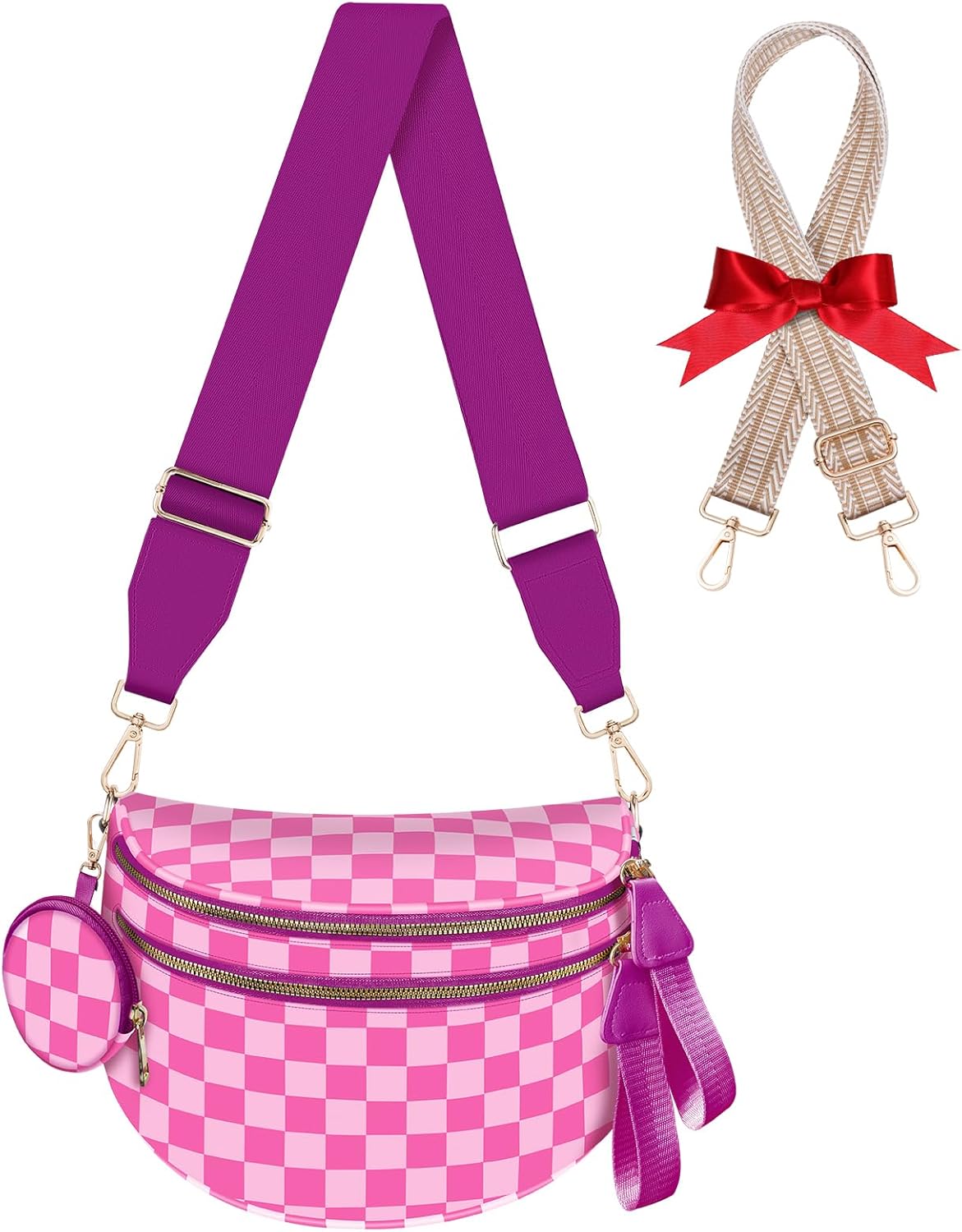 Bum Bags for Women Checkered Crossbody Bag Large Nylon Belt Purse Fanny Packs, Bonus with a Extra Strap