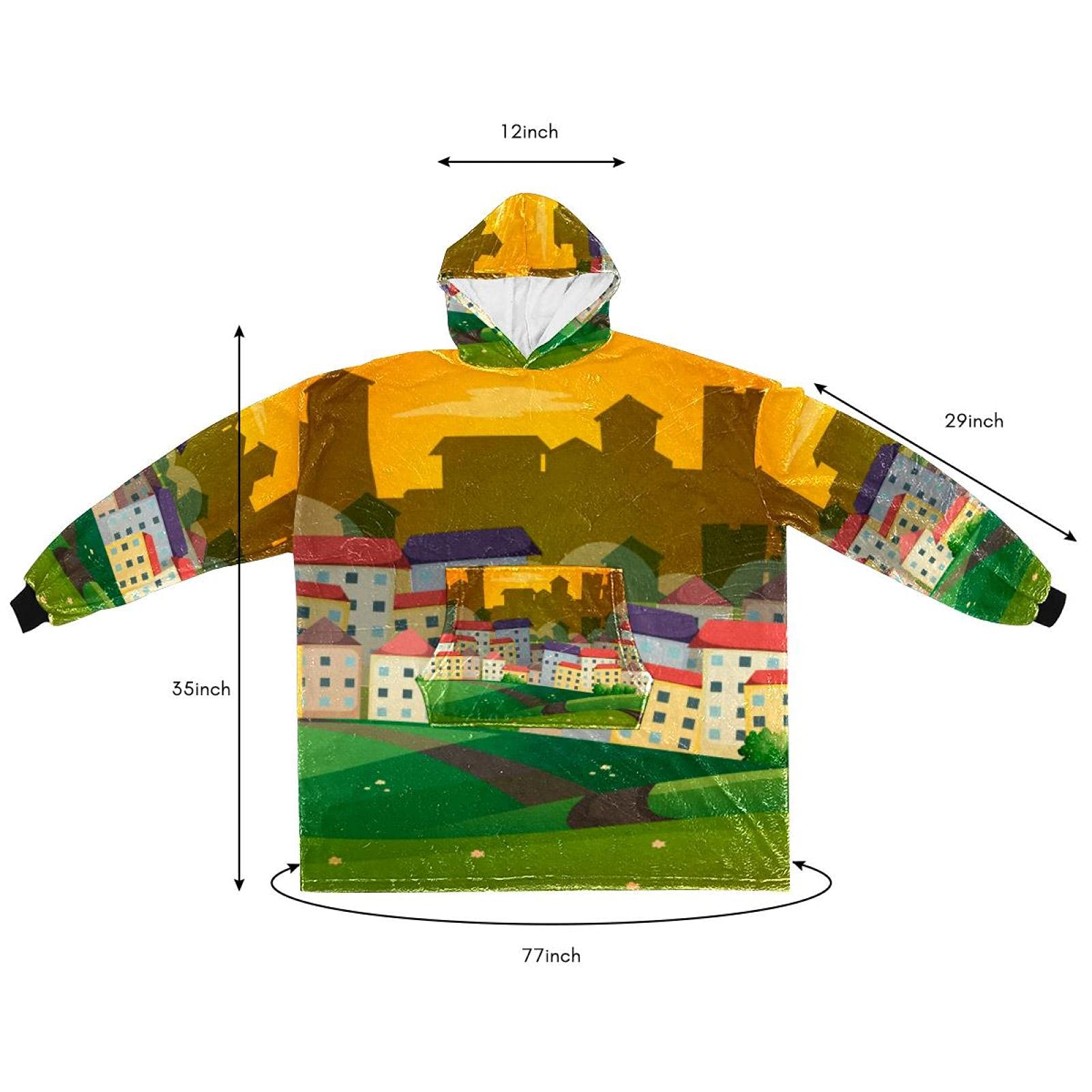 Felpa oversize con cappuccio, in flanella Sherpa, con tasca per adulti, uomini e donne, scena con molte case