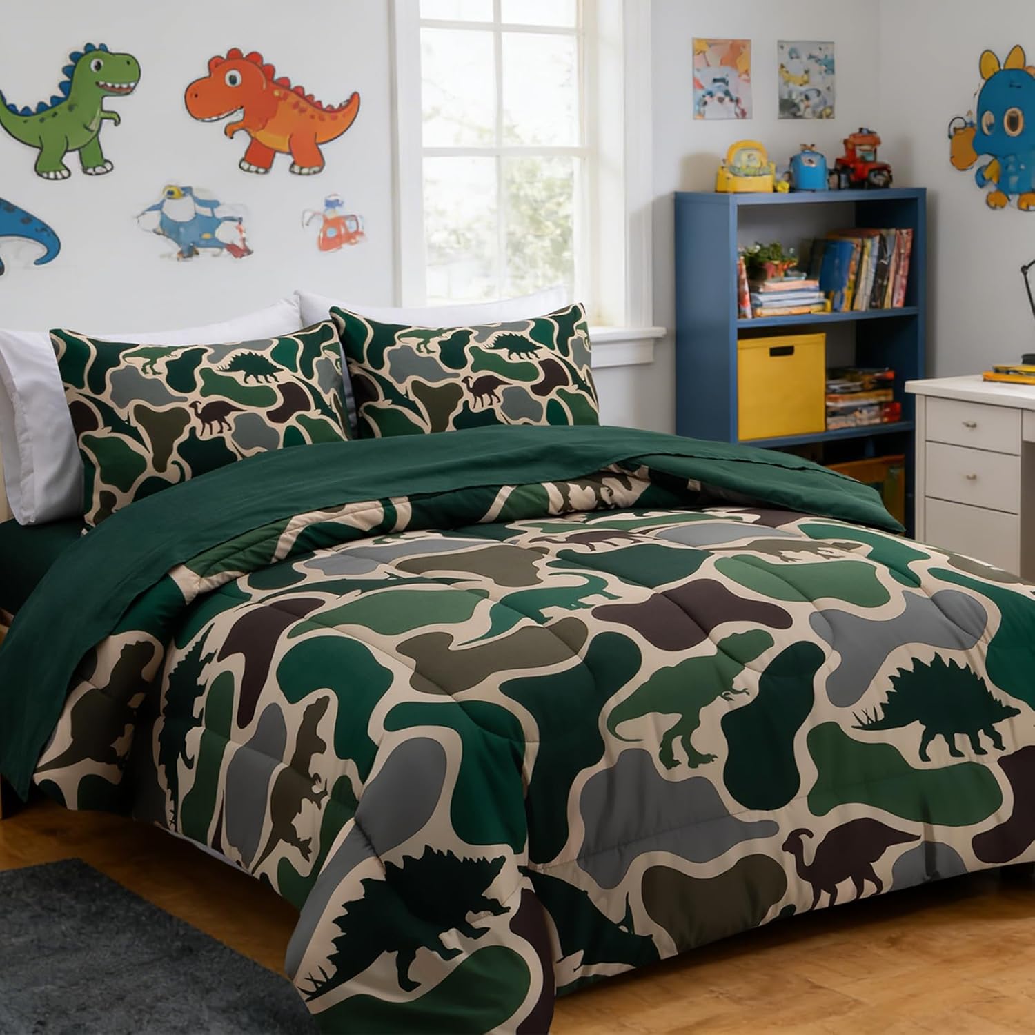 Holawakaka Boys Dinosaur Camouflage Comforter Set with Sheets, Full Size Army Green Camo Bedding Sets for Kids Teens Bed-in-a-Bag 5 Pieces for Dorm Bedroom Cabin Lodge