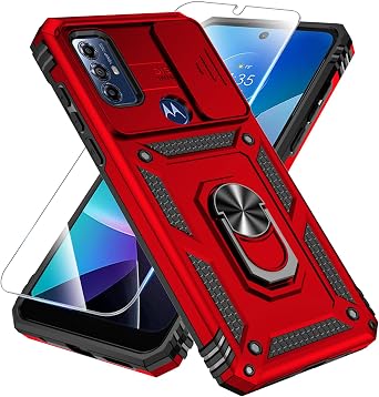 SunStory Compatible with Motorola Moto G Play 2023 / Moto G Pure/Moto G Power 2022 Case with HD Screen Protector & Slide Camera Cover & Kickstand, [Military-Grade] Phone CaseKickstand_Red
