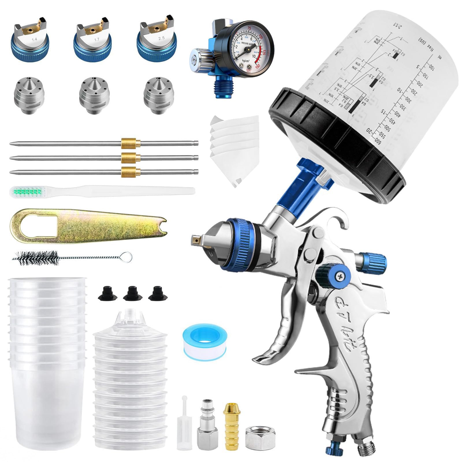 HVLP - Kit de pistola de pulverización de aire, boquilla de 1.4/1.7/2.5 mm, pulverizador de pintura con 10 vasos desechables de 650 ml y manómetro para vallas y cubiertas, bricolaje en casa