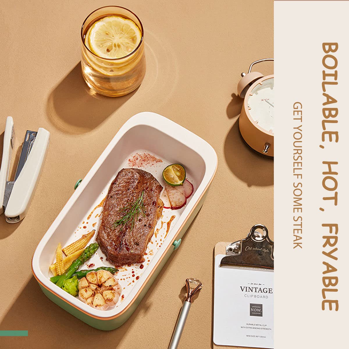 Scaldavivande elettrico per alimenti con funzione di appuntamento, contenitore per il pranzo riscaldato portatile per casa, lavoro, riscaldamento degli alimenti per adulti,Green