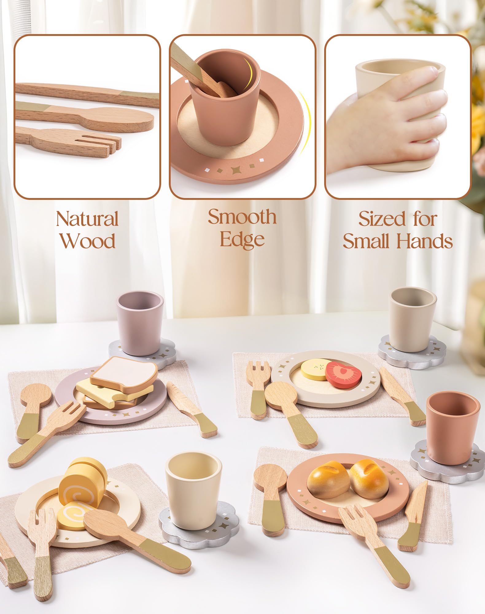 ROBUD Set di piatti da cucina in legno, 29 pezzi, piatti e posate giocattolo per bambini, accessori per la cucina, regali per bambini per ragazze e ragazzi (set da 4)