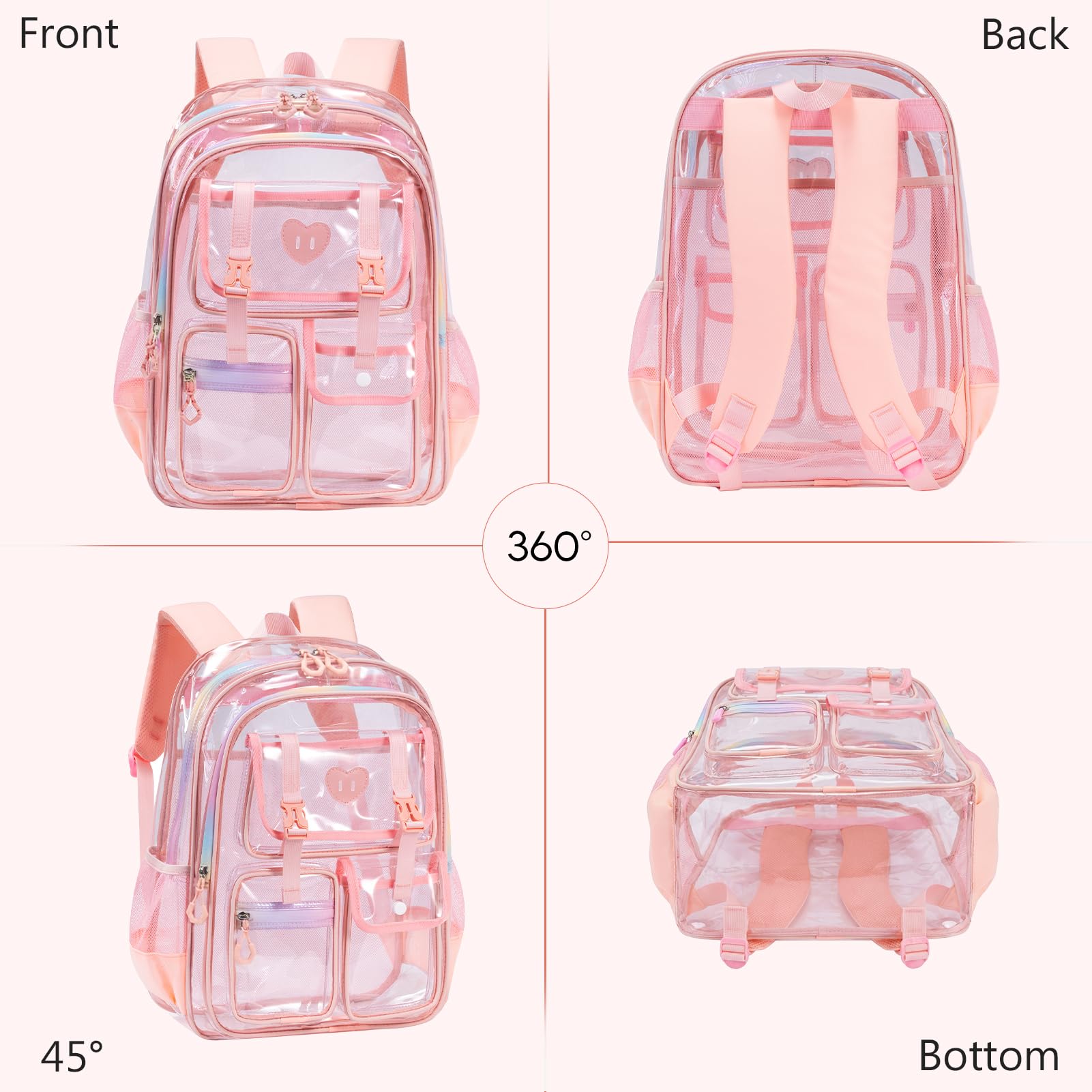 Zaino scolastico trasparente impermeabile – Zaino trasparente trasparente per stadi per ragazzi e ragazze, scuola, viaggi, rosa, Zaino daypack