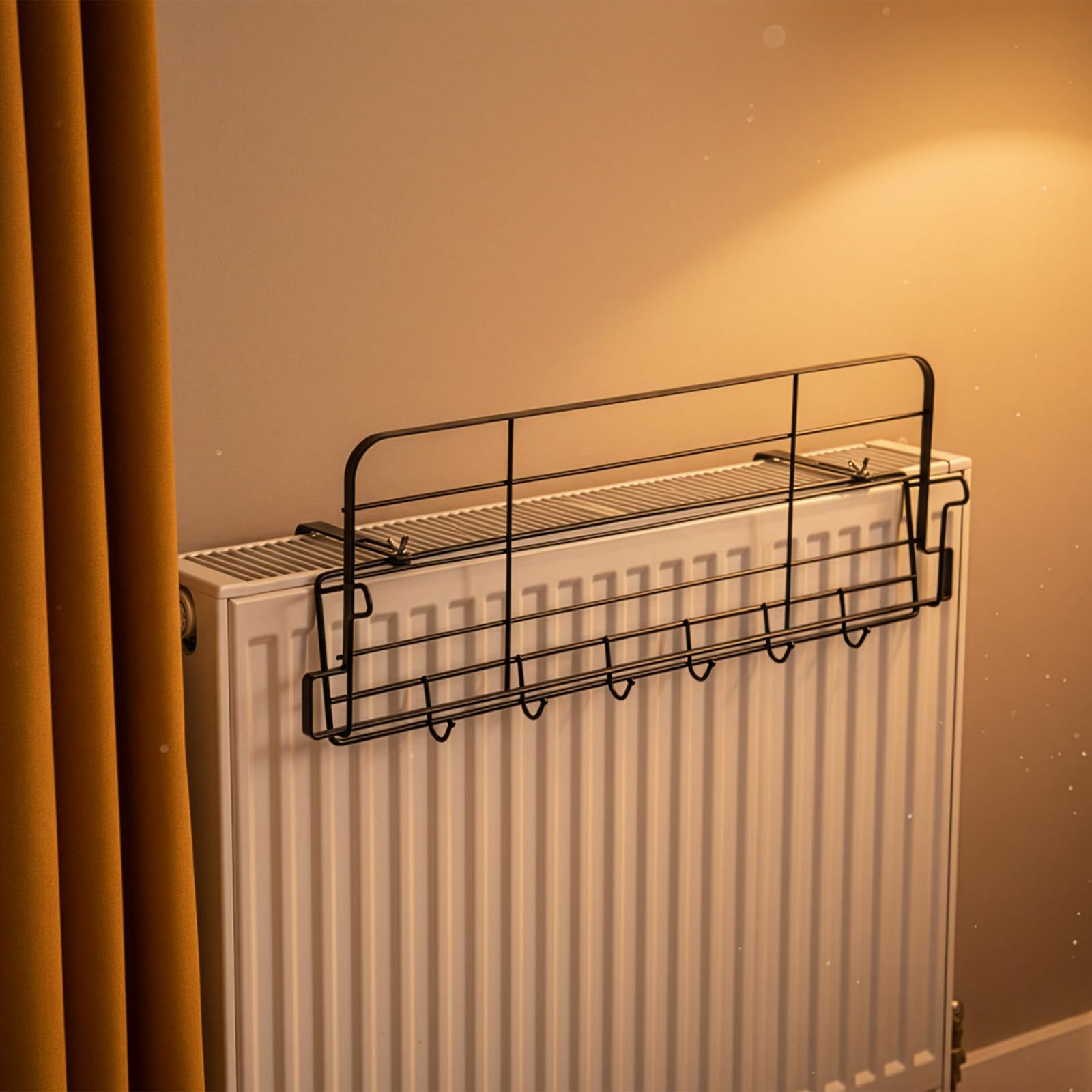 M.J COMFY-LIFE Radiator Clothes Drying Rack with 6 Hooks – Drill-Free Over-Radiator Airer, Multi-Tier Indoor Laundry & Towel Dryer for Bathroom, Bedroom, Kitchen, Space-Saving Standing Dry Rack, Black