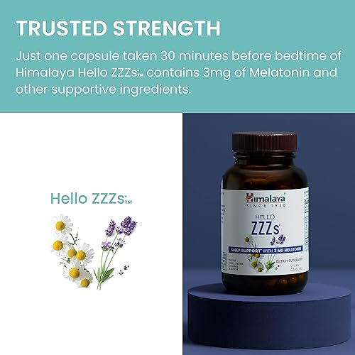Miniatura 6 de Himalaya Hello ZZZs con GABA L-teanina y melatonina 3mg para apoyo al sueño y insomnio ocasional 60 cápsulas suministro de 2 meses