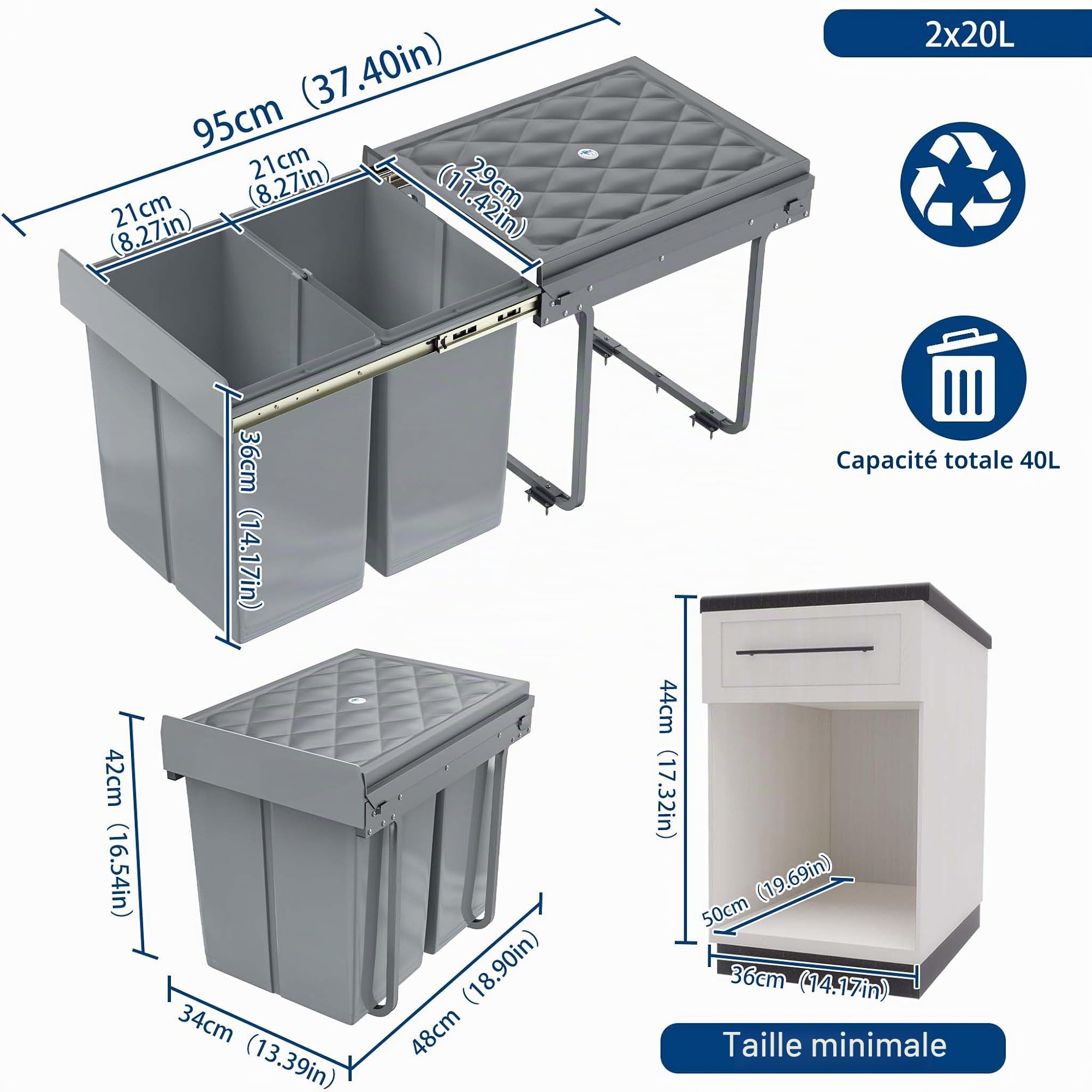 Système de poubelle encastrable à 2 compartiments - 2 x 20 l - Poubelle extensible avec rails télescopiques - Système de tri des déchets amovible - Gris - 48 x 34,2 x 41,8 cm