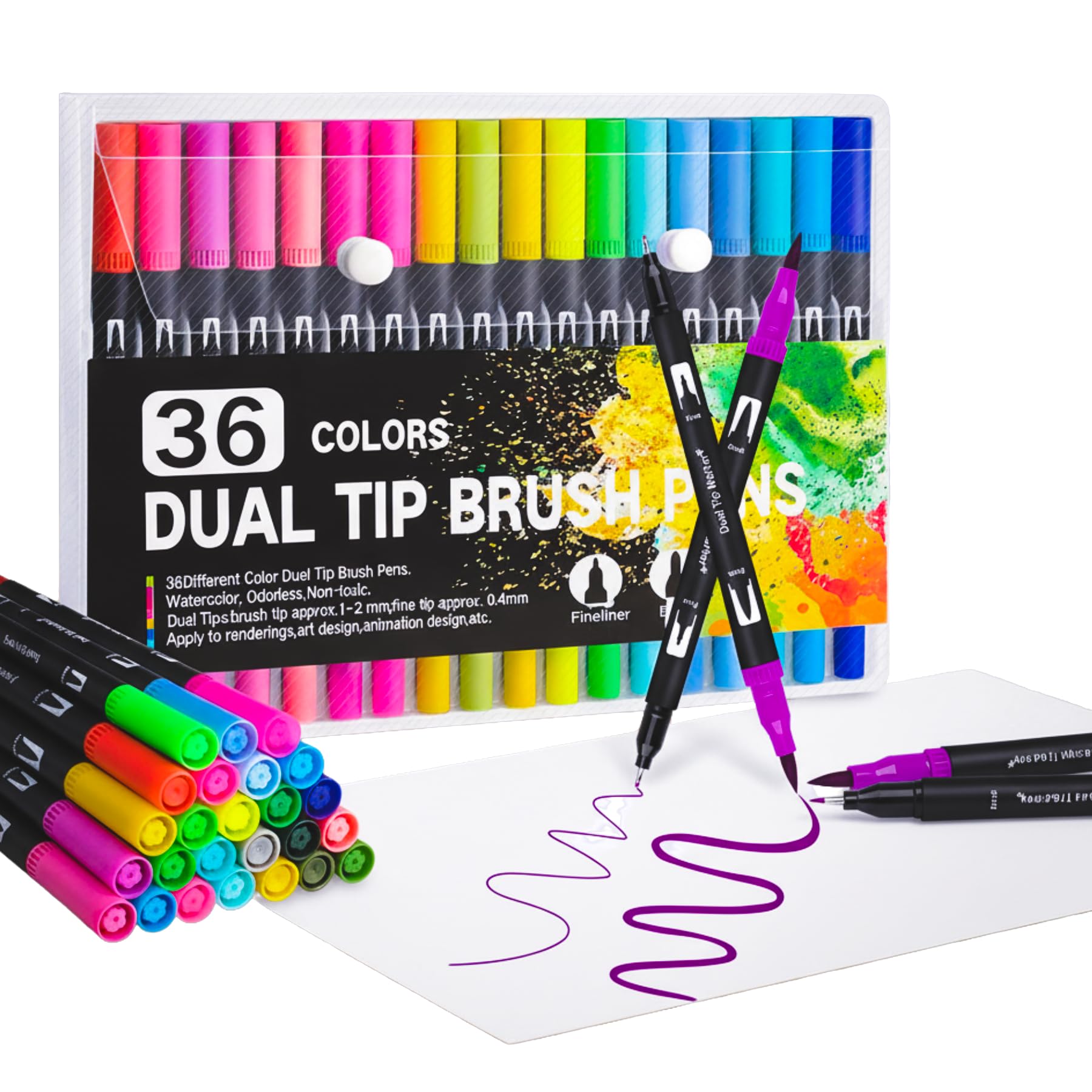 Corslet Dual Tip Brush Marker Pens Set – 36 Colors, Fineline & Brush Tip, Double Sided Art Markers for Coloring, Calligraphy, Doodling, Journal, Drawing, Lettering, Adult & Kids Coloring Books