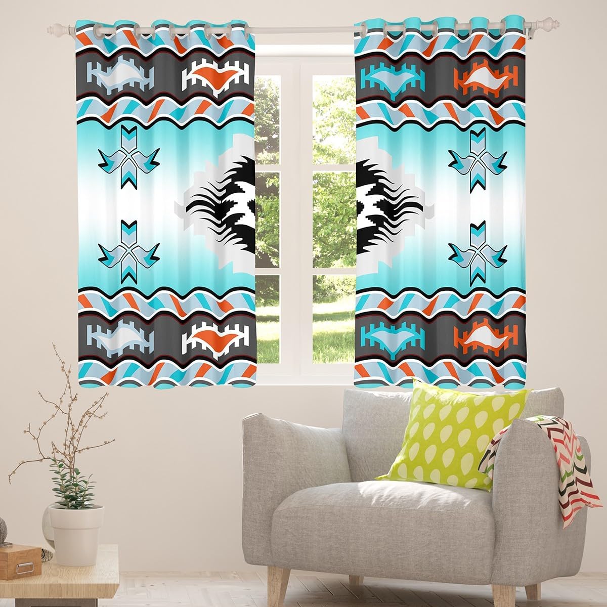 Erosebridal 2 Panels,38"x45" Western Curtain Bohemian Exotic Tribal 100% Blackout Window Curtain Retro Ethnic Aztec Curtains Drapes Window Treatments Southwestern Indian Window Treatments,Teal White