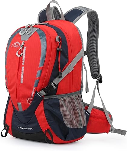 INOXTO Mochila de senderismo pequeña con vejiga de agua de 2 L y cubierta impermeable para lluvia, mochila de hidratación de 25 L, Rojo Naranja Azul