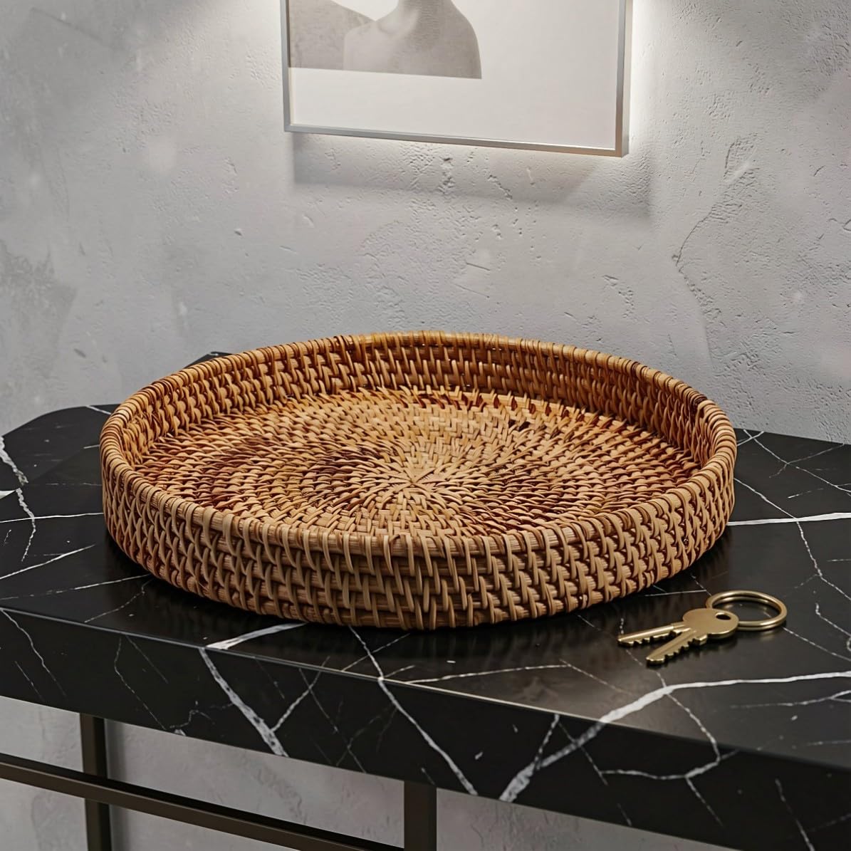 3 Pezzi Cesto Rotondo in Rattan Intrecciato Artigianalmente,