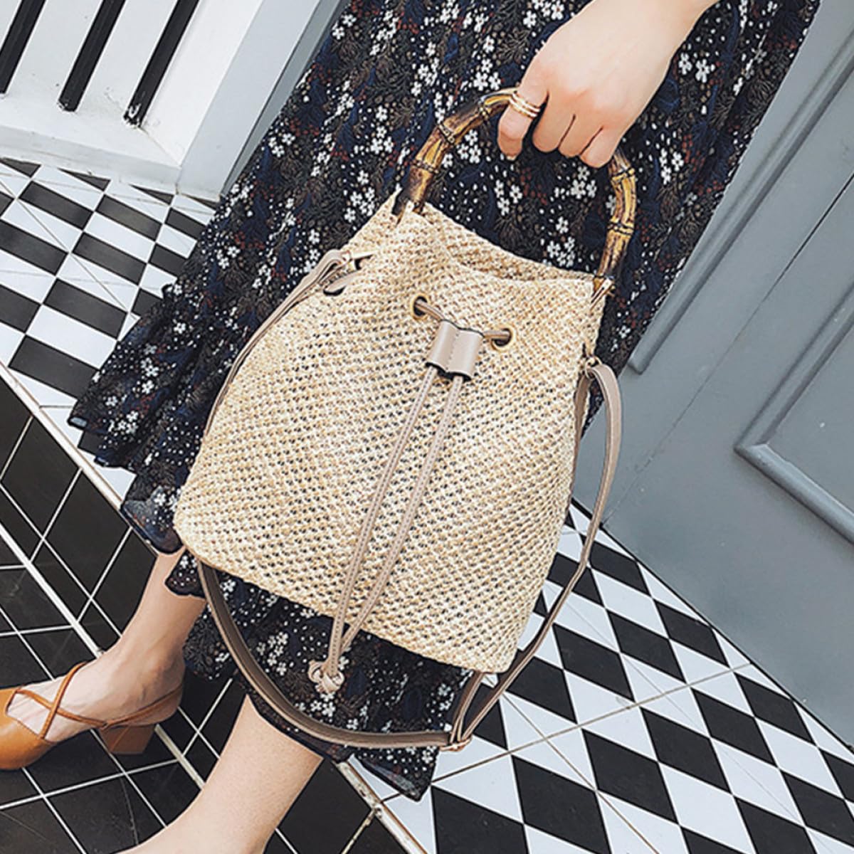 Borsa Paglia a Secchiello Tracolla, in Lino e Poliestere, Color Kaki, Semplice alla Moda, per Appuntamenti e Viaggio