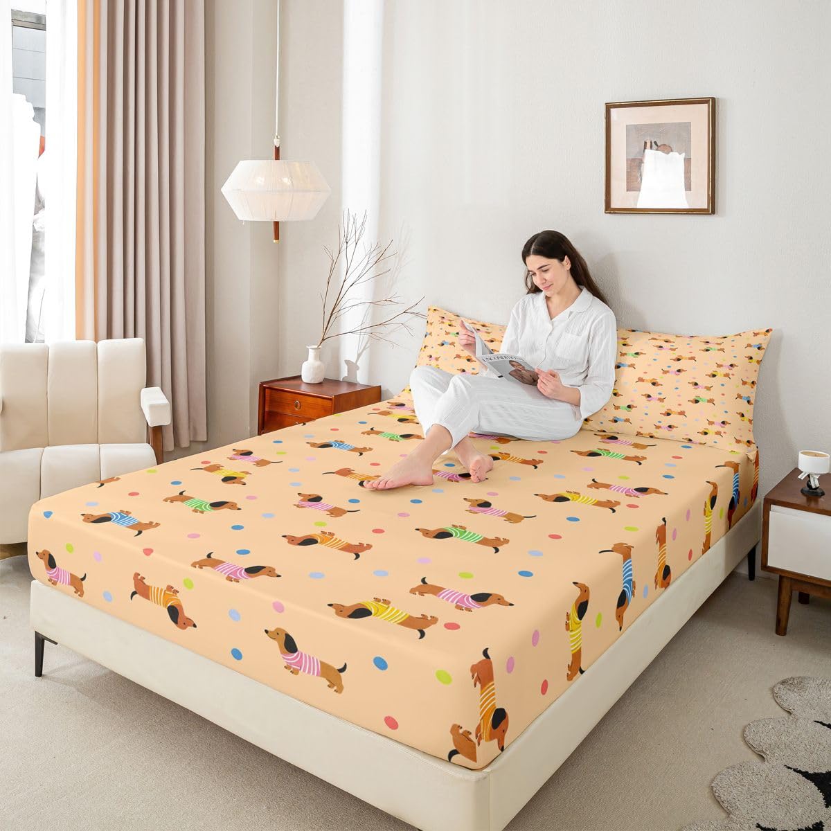 Manfei Sábana bajera ajustable de lunares tamaño King, juego de ropa de cama de perro kawaii de 3 piezas, sábanas de lunares lindos con 2 fundas de almohada, decoración de habitación de niños y niñas