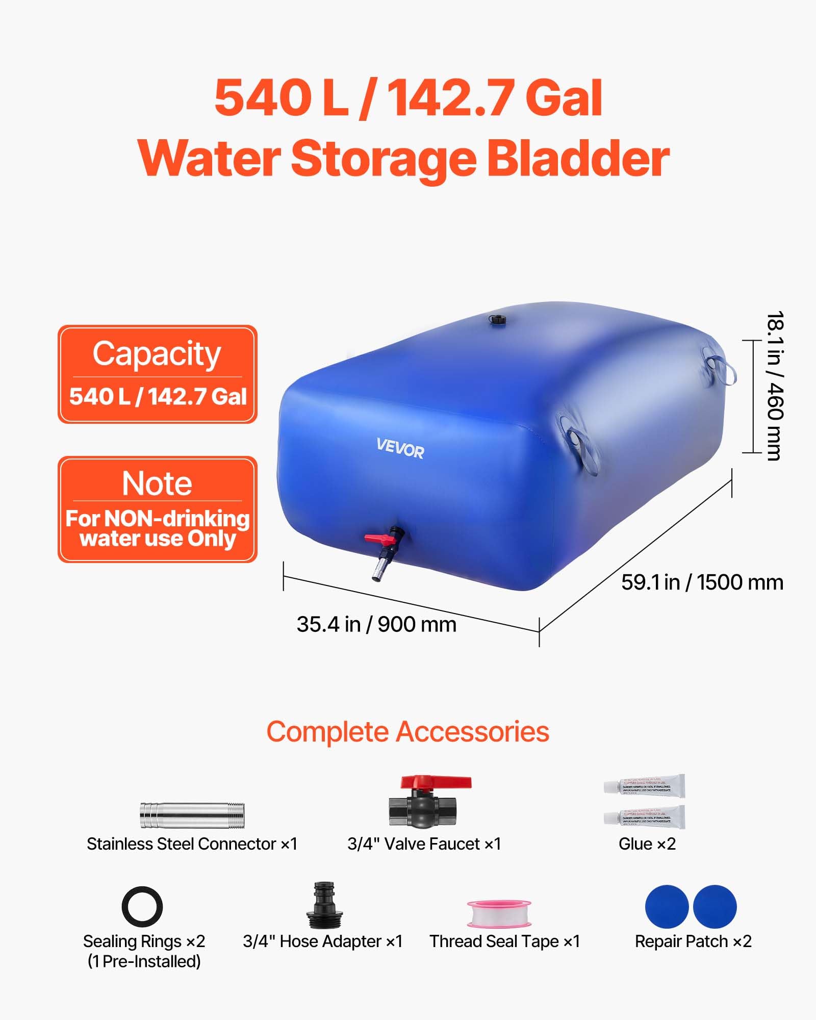 VEVOR Réservoir d'Eau Souple 240 L, Vessie de Stockage Eau Pliable, Sac Conteneur d'Eau PVC Grande Capacité, pour Irrigation Jardin, Camping, Camping-car, Utilisation Extérieur, Stockage Urgence, Bleu