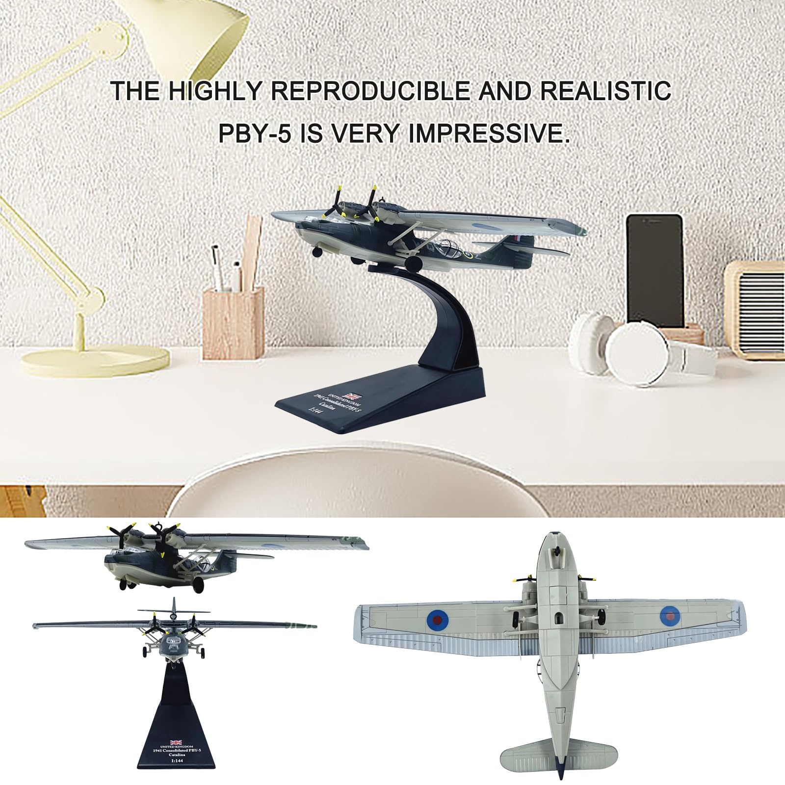 Modello aereo militare pressofuso metallo pressofuso PBY-5 in scala 1:144, collezione, con eliche rotanti, espositore, replica autentica for appassionati aviazione