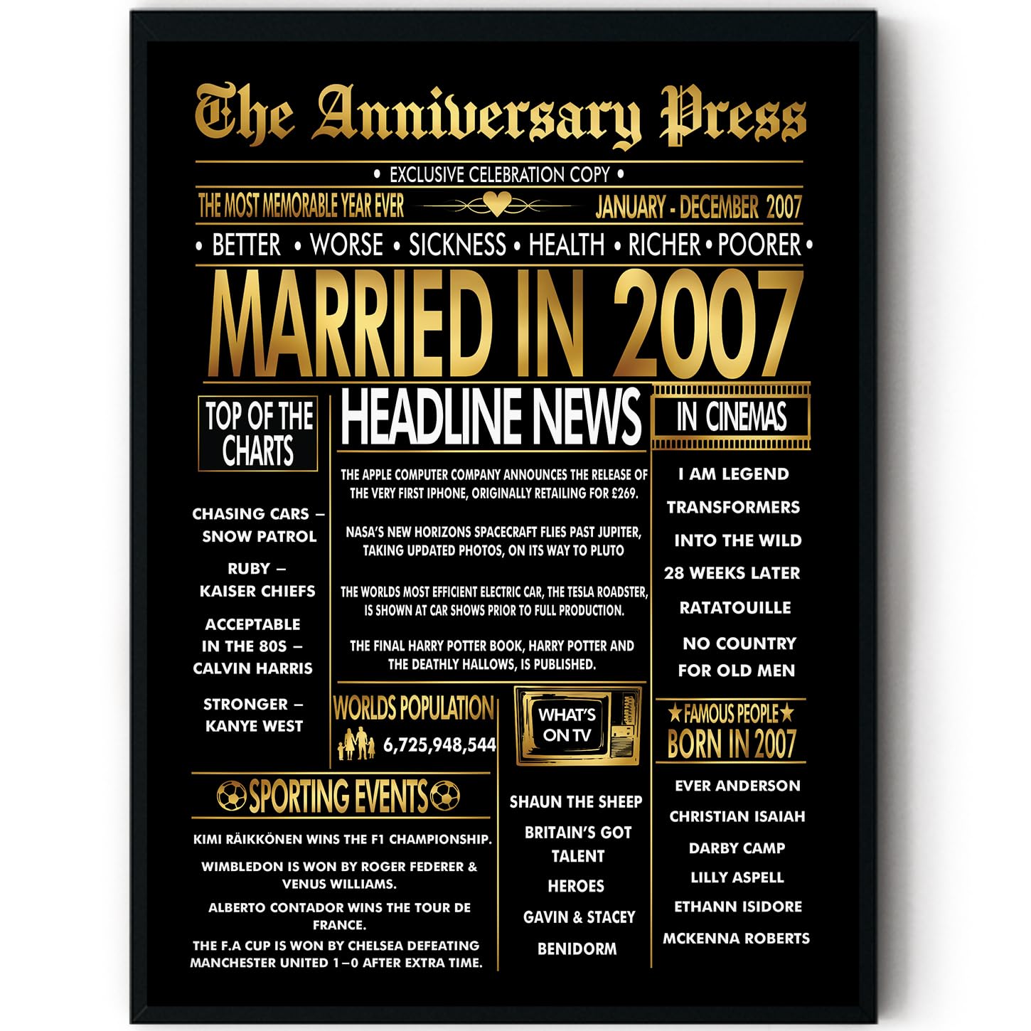 Stuff4 Men's 2007 Gold 19Th Anniversary Poster Framed - Golden Married In Newspaper - 19 Anniversary For Wo Retro Vintage Gifts Back In 8X10 Inch Bday Party Decor Decoration