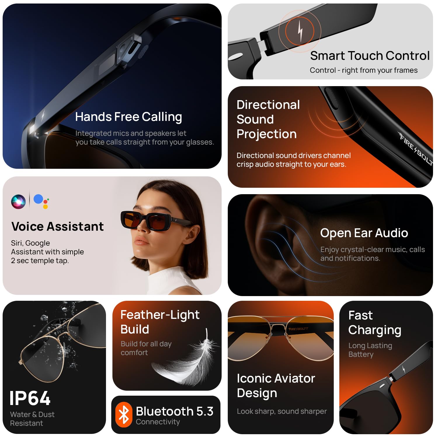 Fire-Boltt Fire-Lens Dune Smart Glasses, Bluetooth Calling & Open-Ear Bluetooth Sunglasses with HD Sound & Smart Audio Touch Controls Voice Assistant (Siri/Alexa/), Fast Charging for Men & Women — Amazon image 4