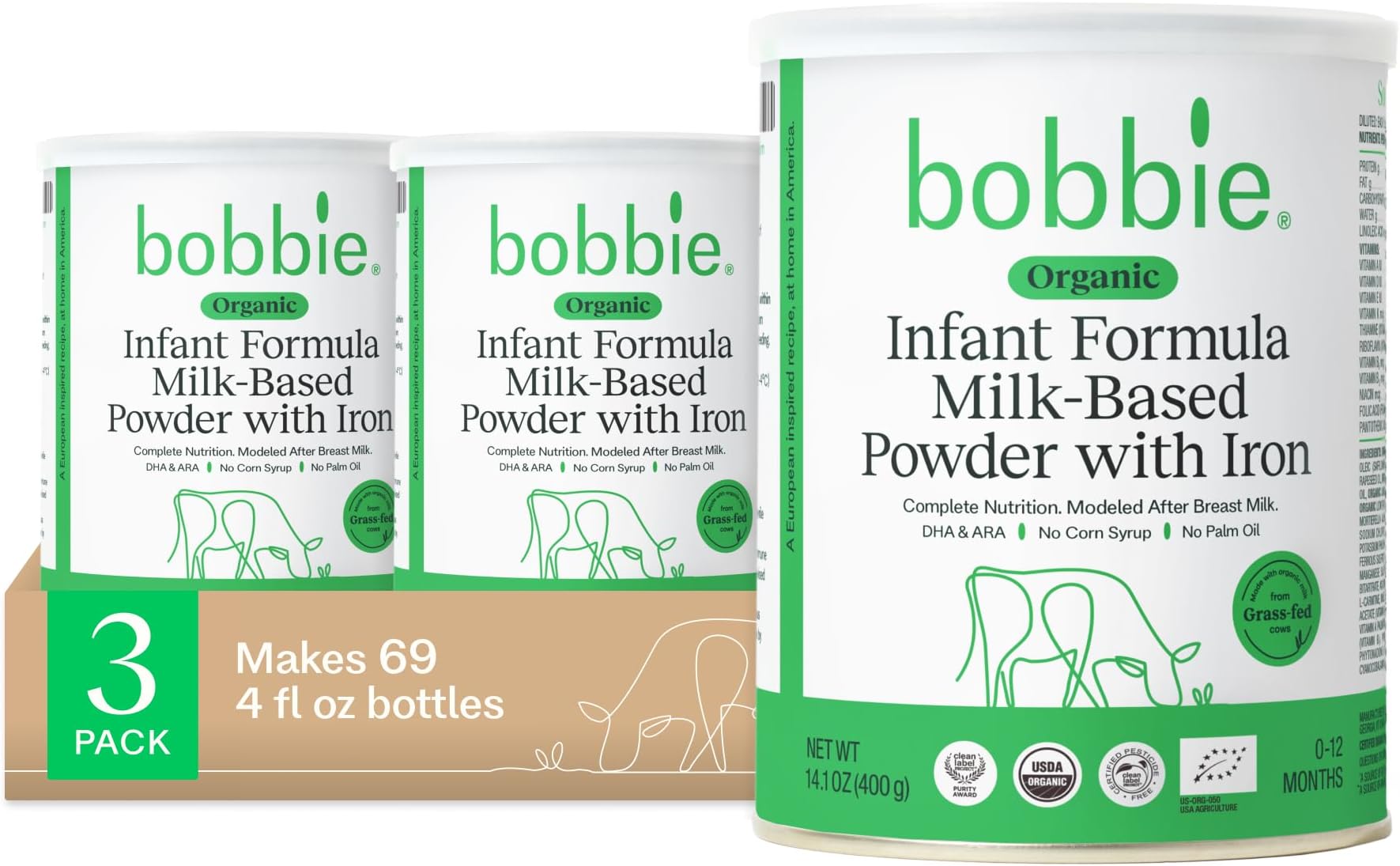 Bobbie Organic Baby Formula, Milk Based Powder with Iron, DHA and Vitamin D, Modeled After Breast Milk, Organic Baby Formula for Newborn to 12 Months Old Infant, 14.1 oz, 3 Pack