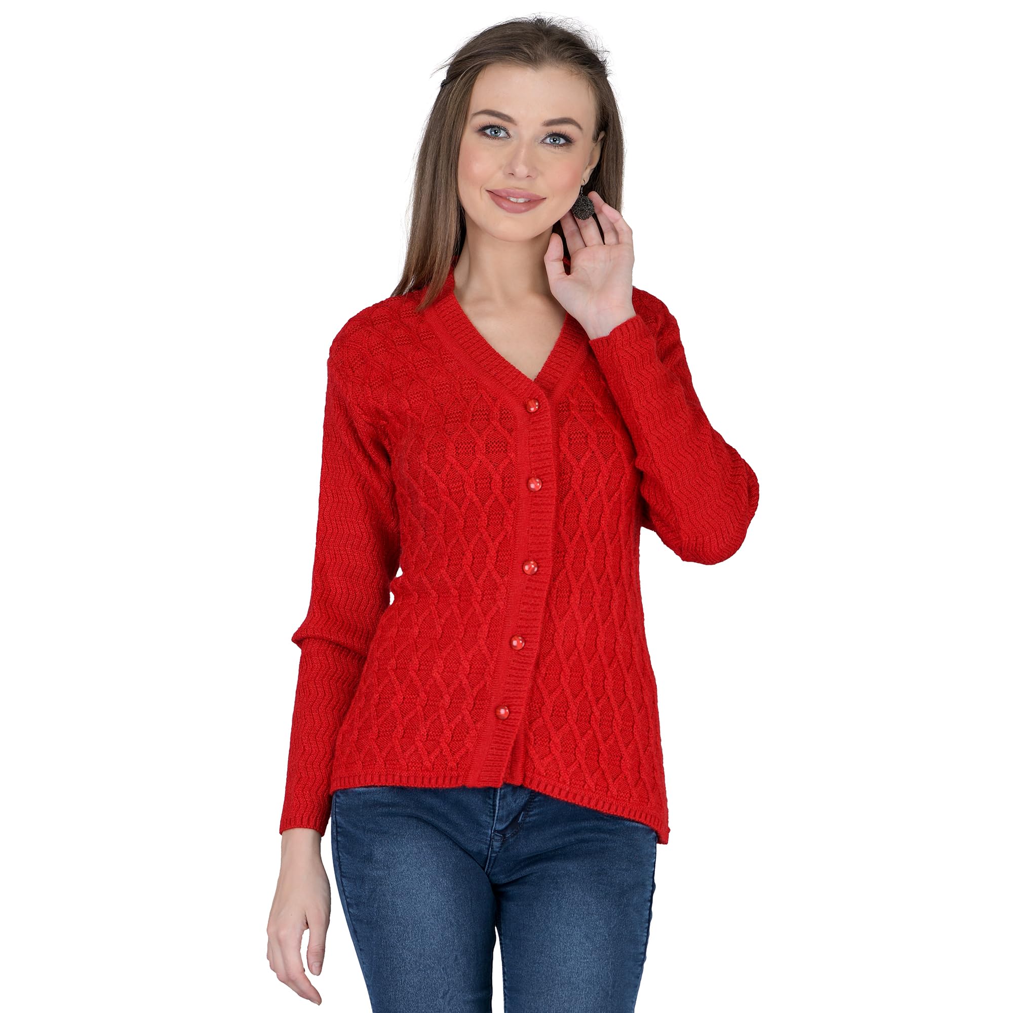 ladywillington Lady Willington Women Woolen V-Neck Self Design Cardigan Heavy Rainbow Fabric Winter Wear Pure Wool Cardigans for Women Sweaters Fully Warm Cardigan Free Sizes-picture-13