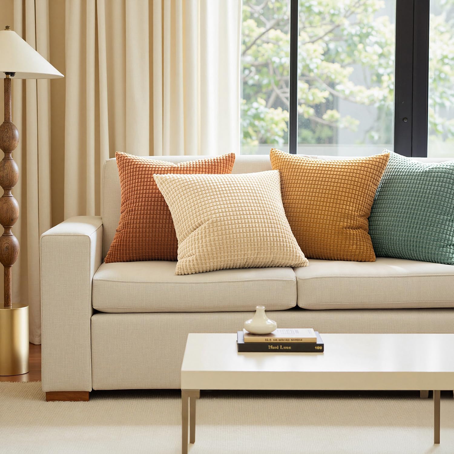 MIULEE Boho Farmhouse Decorative Pillow Covers 18x18 Inch Set of 4 Rustic Modern Fall Home Decor Couch Home Decor Couch Throw Pillows Summer Corduroy Pillowcases for Sofa Living Room Bed Orange/Teal - Image 6