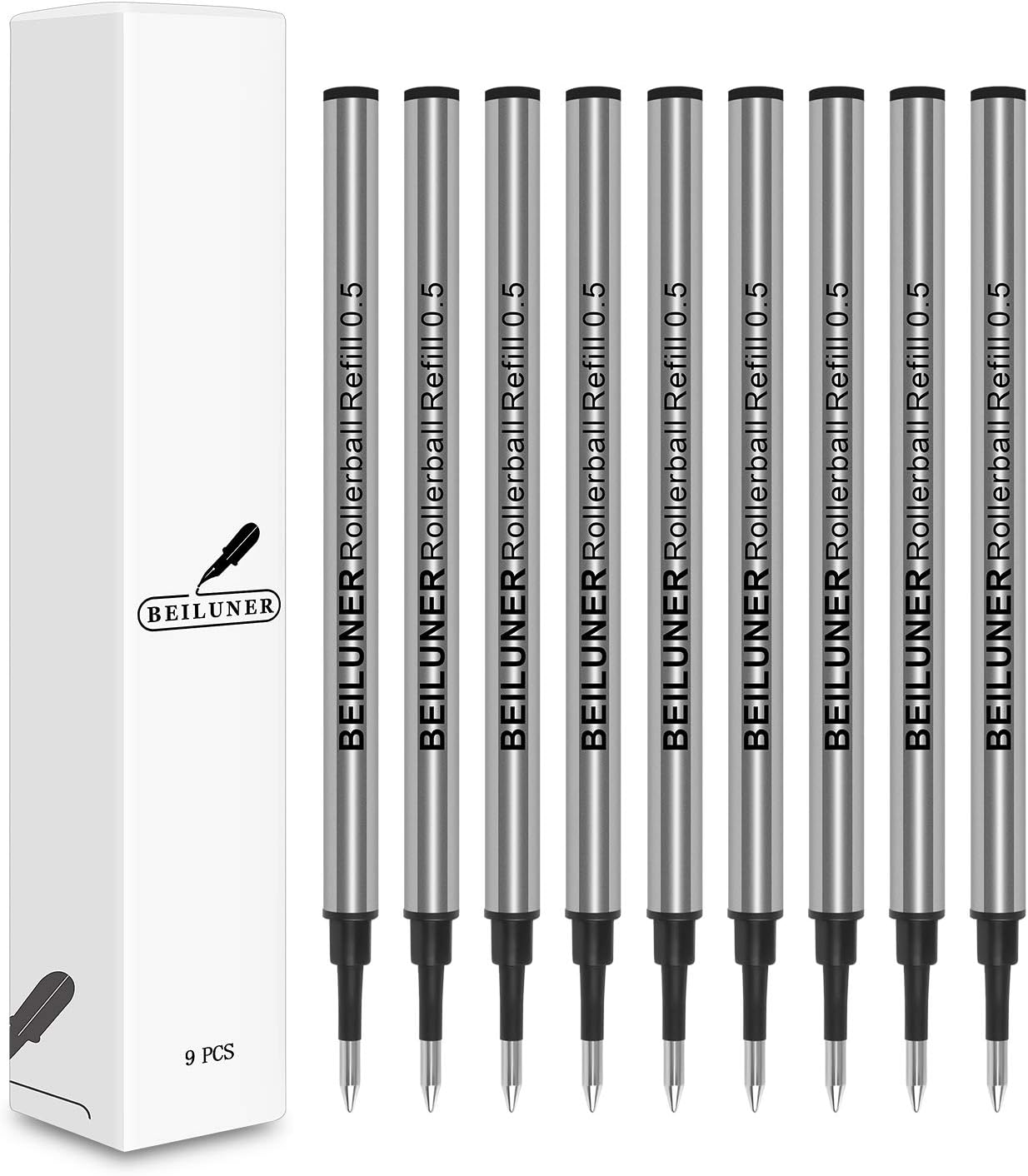 BEILUNER 0.5mm Replaceable Refills Compatible for Luxury Wooden Ballpoint Pen Writing Set, Black Ink, direct insertion - 9 Pack