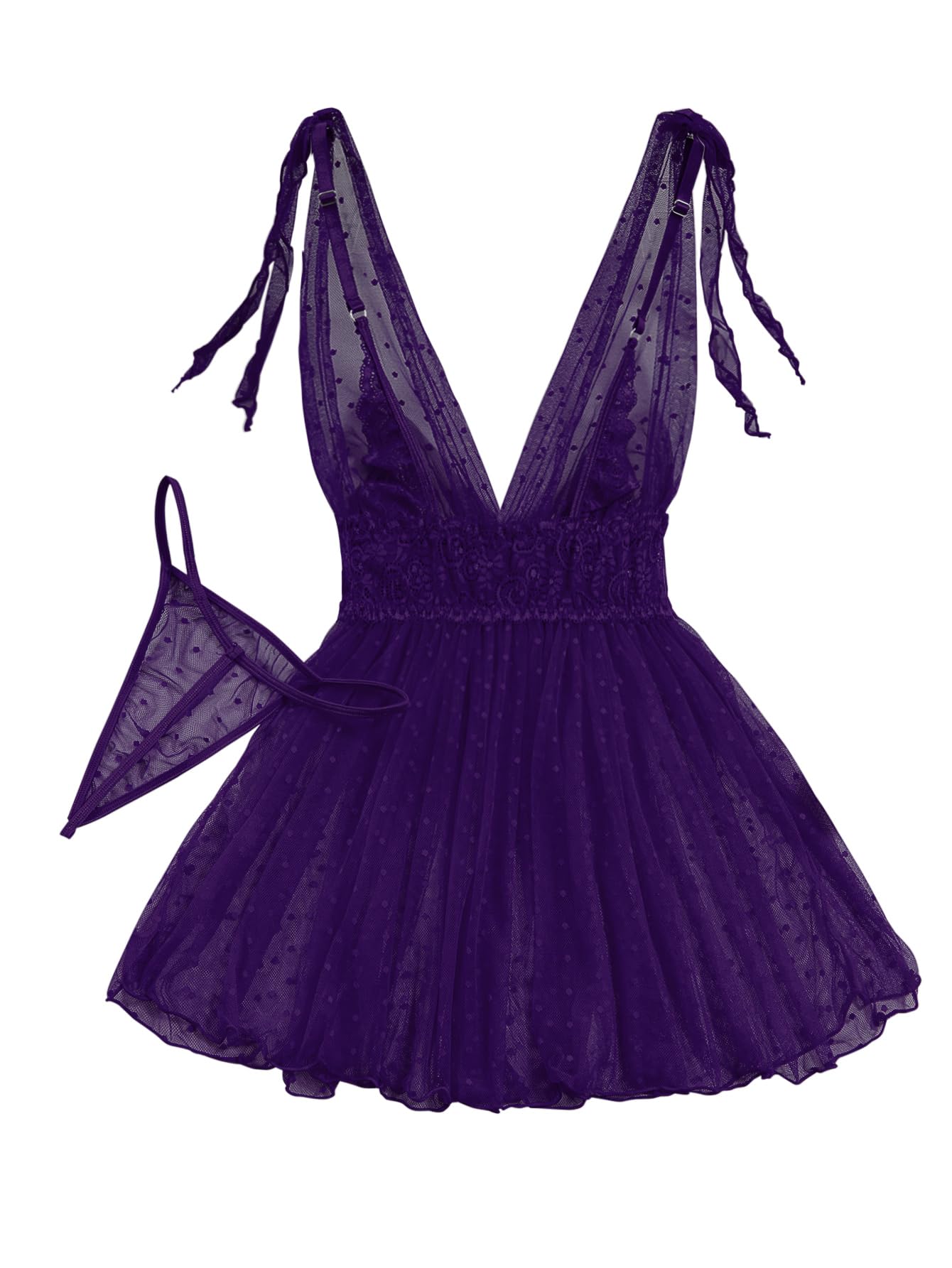 Lilosy Sexy Polka Dots Mesh Sheer Lace Babydoll Chemise Lingerie Set Floral Sleep Wear: Small Purple