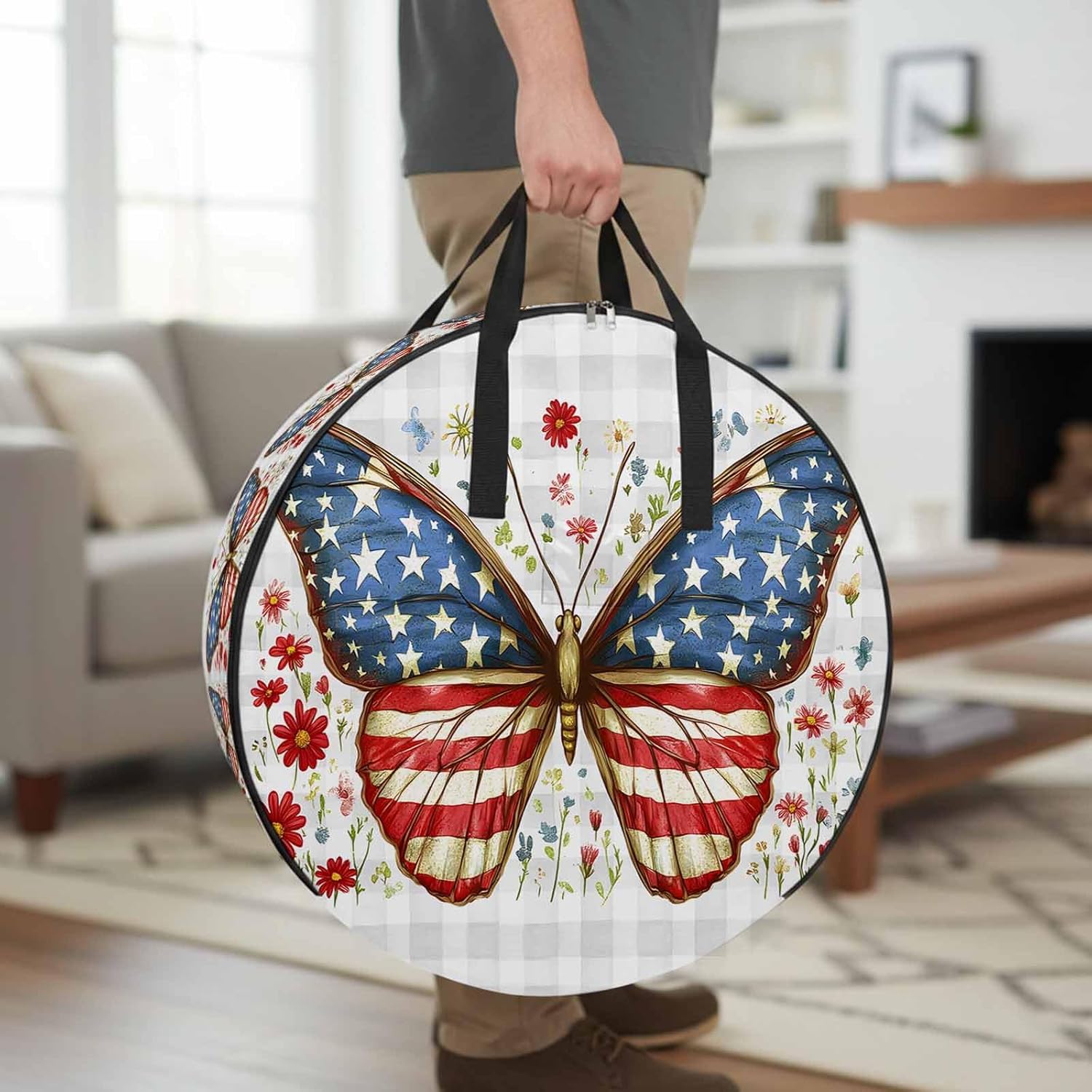 Retro USA Flag Red Blue Butterfly Round Storage Bag 36 Inch, Independence Day Clothes Storage Container with Handles Heavy Duty Organizer for Comforter, Bedding & Holiday Wreaths