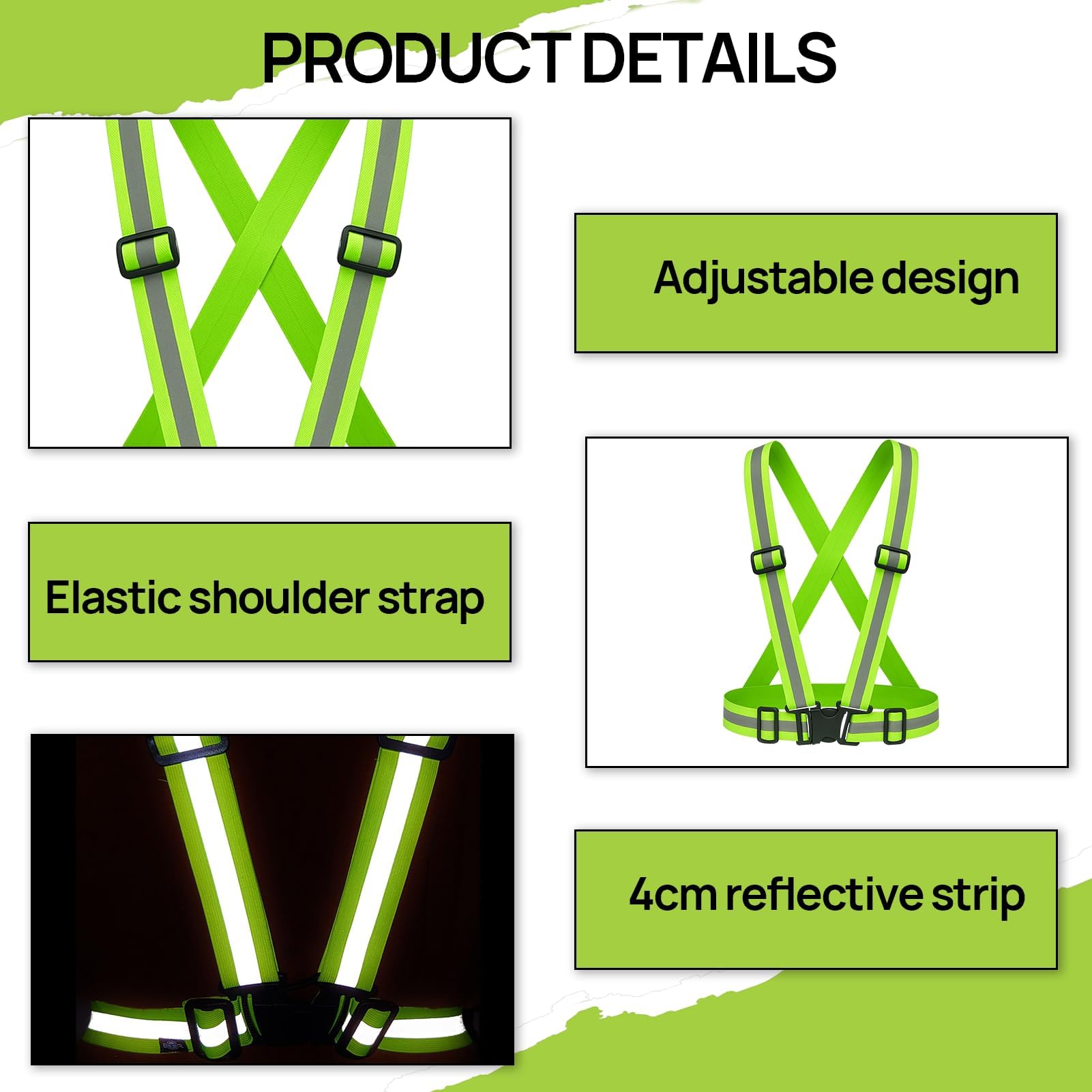 Chaleco reflectante de alta visibilidad de 2 piezas, cintura elástica ajustable, chaleco de seguridad transpirable para exteriores, para hombres y mujeres, ciclismo, motociclismo, jogging, verde