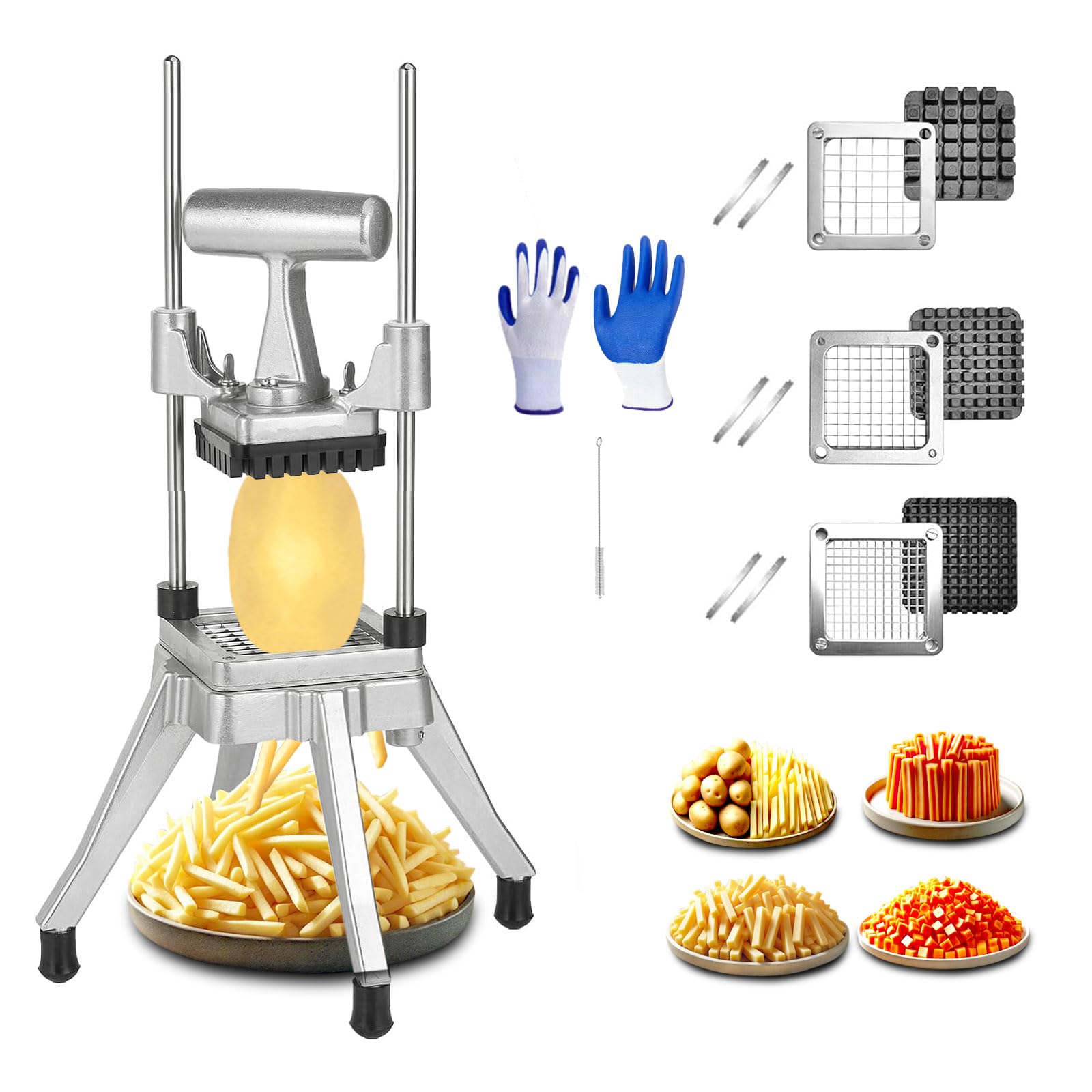 Commercial Vegetable Chopper & French Fry Cutter Stainless Steel,Vegetable Chopper Dicer Stainless Steel,1/4" 3/8" 1/2"Blades Sizes,Heavy Duty Cutter for Potatoes Onion Peppers Mushrooms