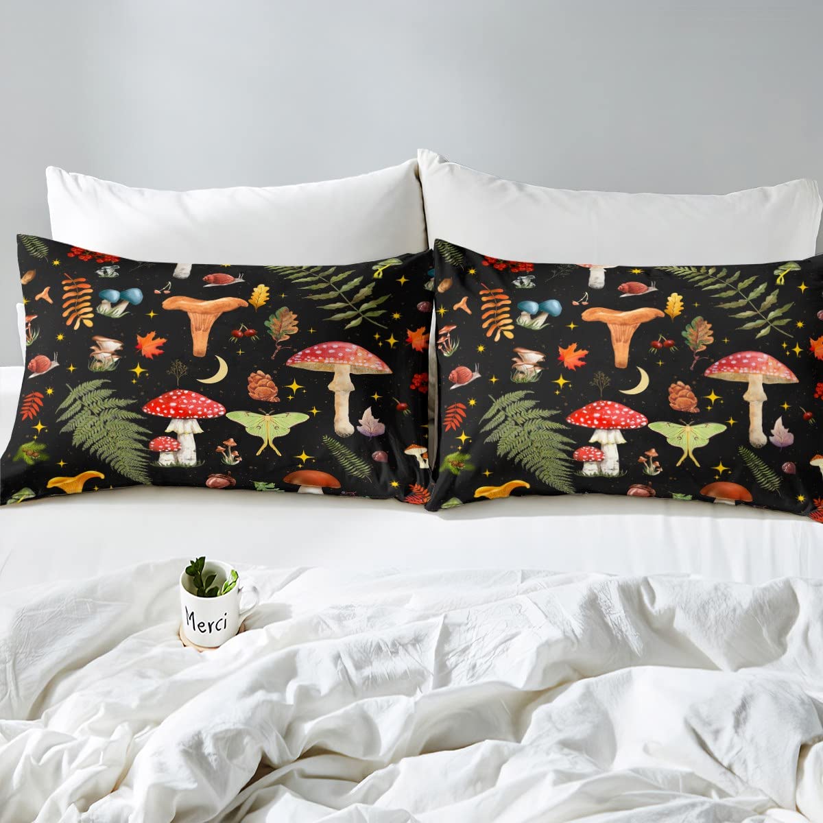 richhome Mushroom Duvet Cover Lovely Cartoon Jungle Wild Plants Bedding Set for Kids Teens Adults Glitter Stars Outdoor Leaves Rustic Style Comforter Cover with 2 Pillowcases Super King Size 3 Pcs - Image 4